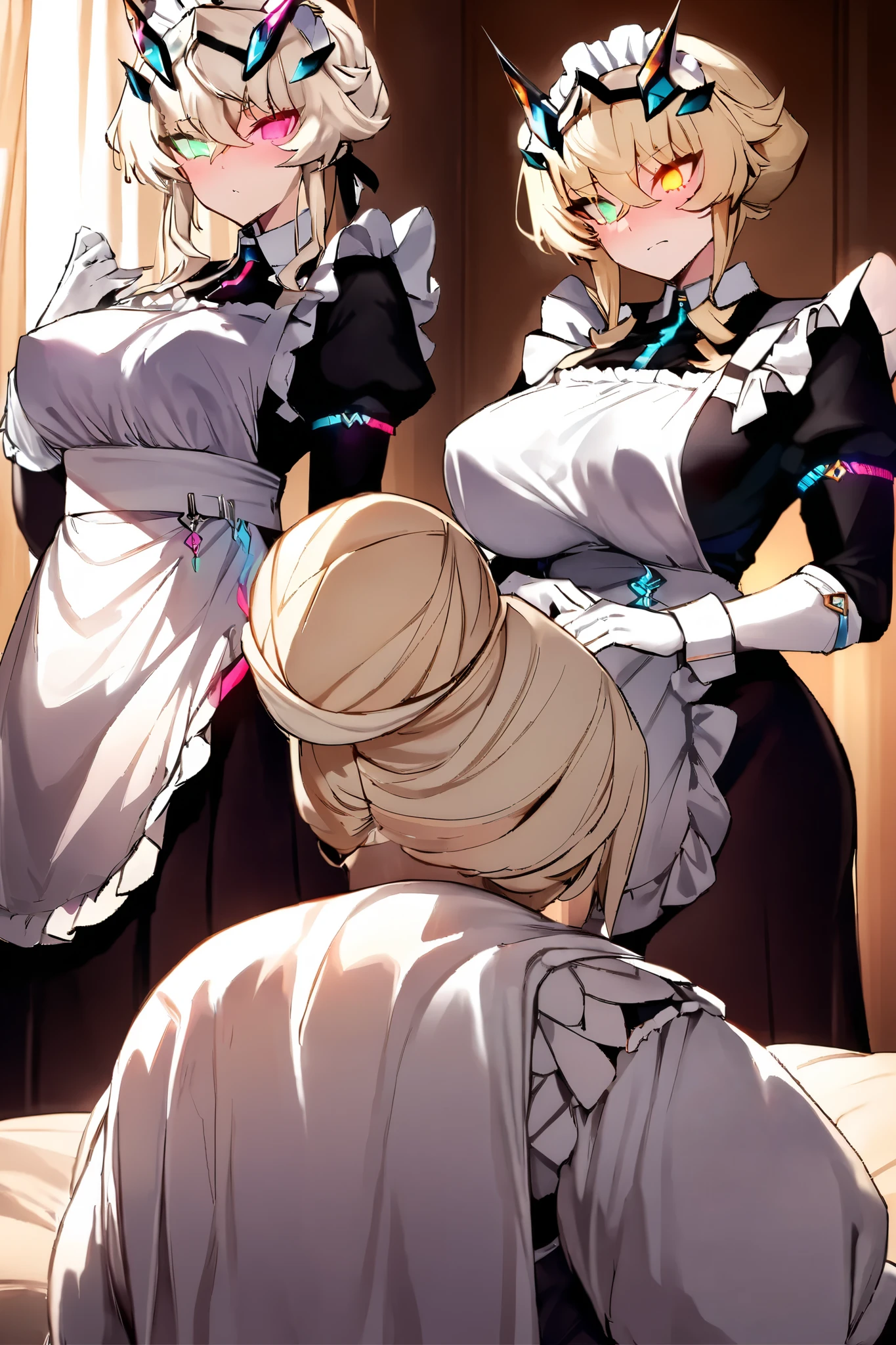 NSFW,masterpiece, top quality , high res, very detailed,Barghest_Maid、 Platinum Blonde Hair、 Twin Blade、 short hair、side lock、 Up Hair、 bun hair 、 rainbow heterochromia、 glowing eyes、 maid's headdress、ruffle dress、 pleated dress、juliet sleeve、 maid apron、collar、 black skirt 、 long skirt、white gloves