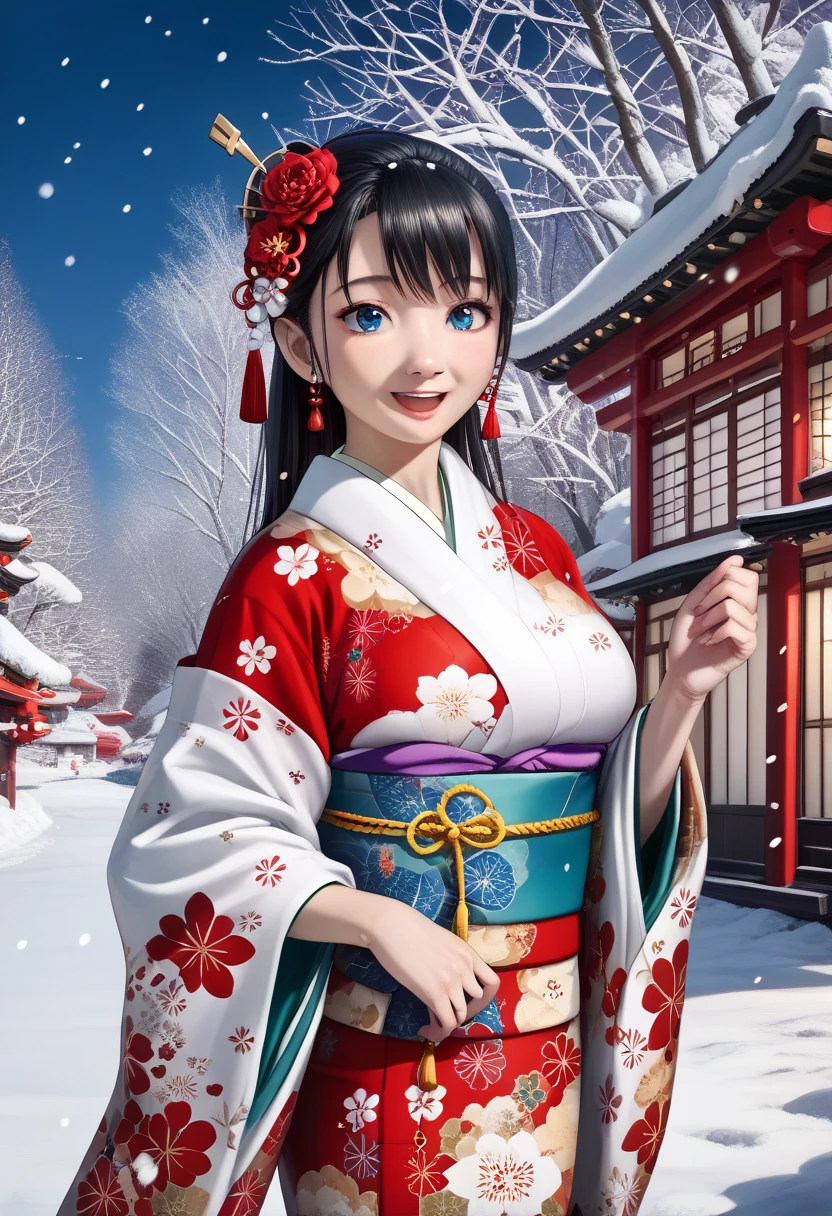  depicts a beautiful Japanese woman wearing a kimono、 Shiny Skin , Big Breasts:0.5, Look up, View the view,  beautiful hair,  beautiful faces,  beautiful detailed eyes, (middle hair:1.5, Japanese Hair:1.5),  black hair,  blue eyes, ((( red floral kimono ),  hair accessories)), ((smile:1.5,  European woman with her mouth wide open )),  walking , ( beautiful scenery), winter, dawn, (New Year, First visit),crowd, snow, snowfall:1.5, Frozen Weather, frost, (8k,  top quality , masterpiece:1.2,  very detailed), ( photorealistic ),  beautiful illustrations ,  natural light,(( Perfect Anatomy,  anatomically accurate, Ultra-detailed skin)), 