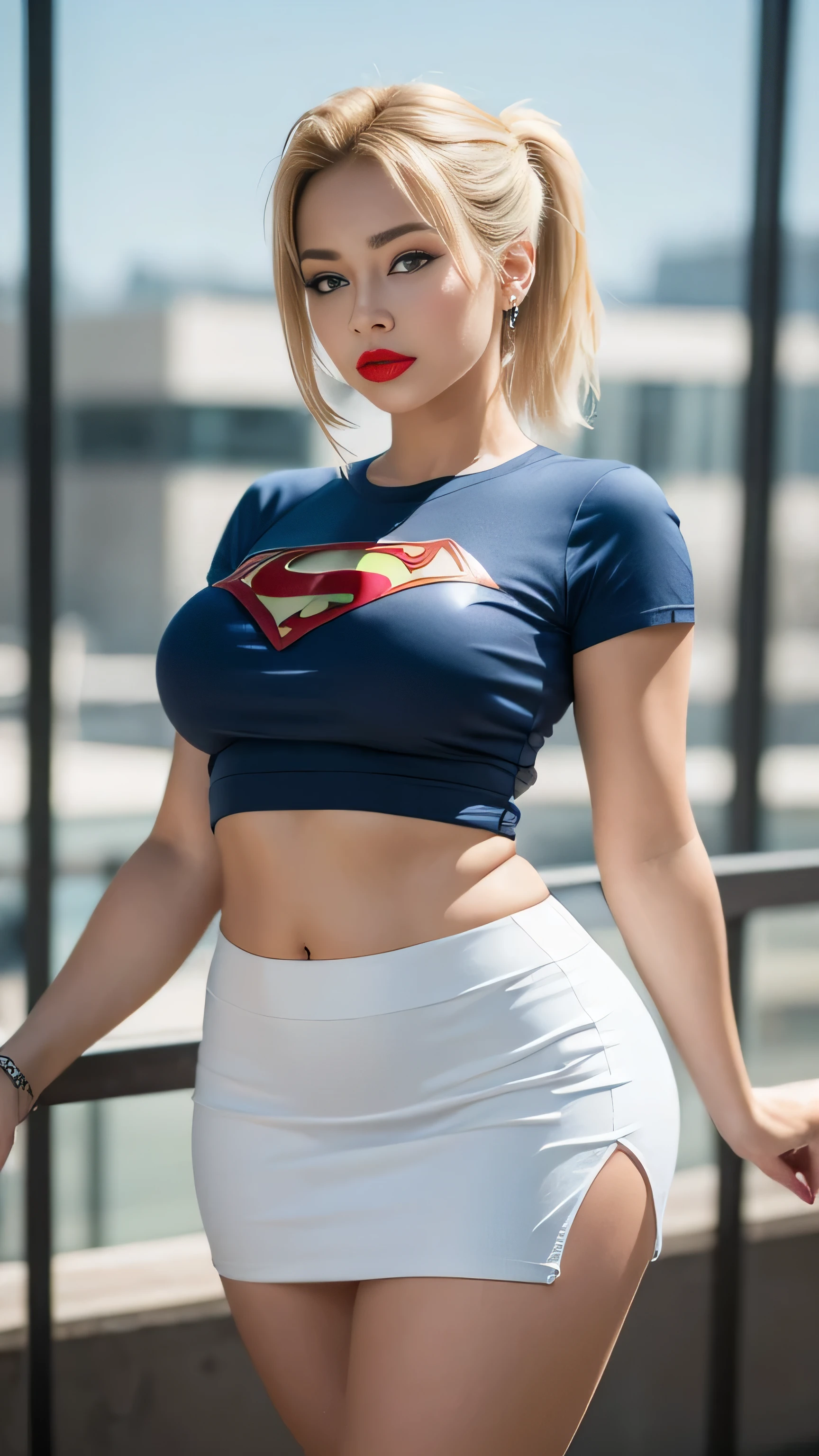 Blonde woman only short hair her eyes are blue and is wearing a short shorts and with s on the chest of super Man, cosplay do super Man (it's flying above the buildings)