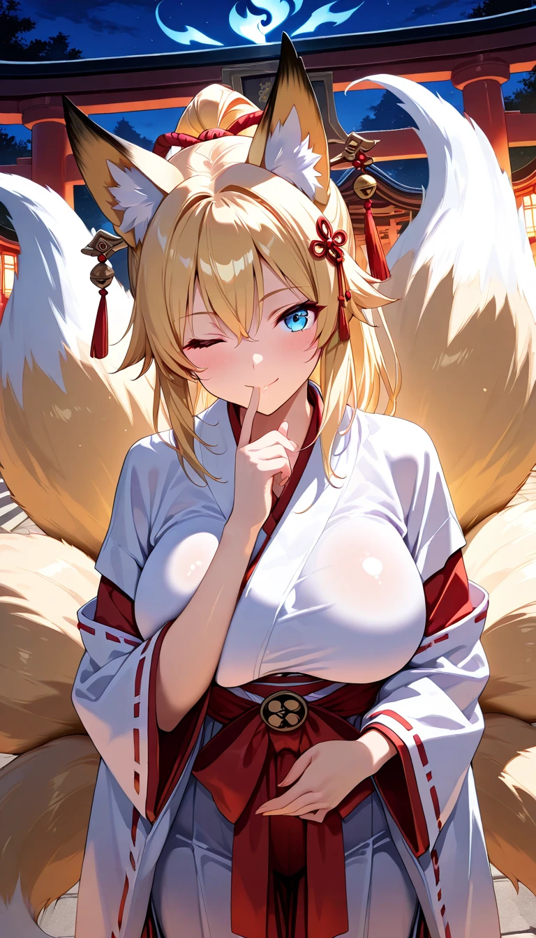 8k、Highest quality、high resolution、Small breasts、Nipples、Fox ears、Long blonde、Red Eye、kimono、Clothes falling apart、Japanese-style room、Grinning