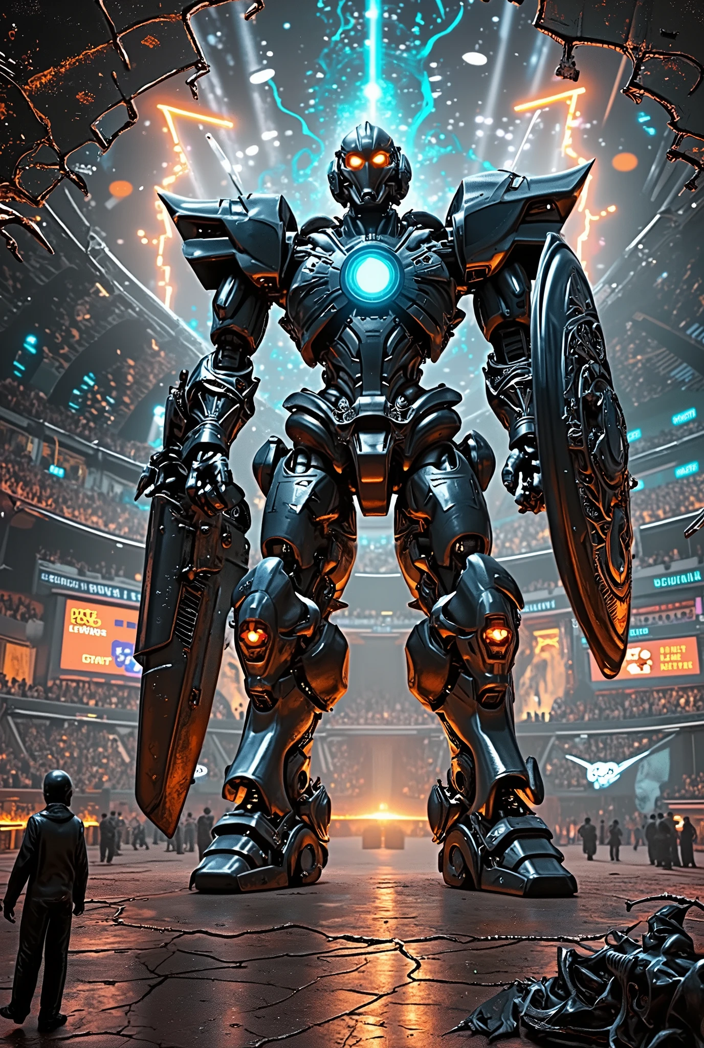 A cinematic, realistic depiction of a giant robot gladiator inspired by Robo Jox, standing powerfully in a massive futuristic coliseum arena. The robot towers over 50 meters tall, featuring an industrial design with a heavily armored body made of battle-worn metallic alloys. Its helmet-like head has glowing red visor eyes, exuding menace and focus. A glowing blue energy core is embedded in its chest, pulsing with power. The robot's right arm wields a massive glowing energy blade, while the left arm is equipped with a large, circular energy shield adorned with intricate glowing circuits. The legs are thick and reinforced with visible hydraulic joints and claw-like feet, designed for stability during intense combat.

The arena is immense, with a cracked concrete and metallic-plated floor, surrounded by tiered seating filled with silhouettes of a roaring crowd. Holographic screens hover above, displaying fight stats and close-ups of the battle. The atmosphere is filled with dynamic lighting, including dramatic spotlights illuminating the robot, glowing neon lights in the arena, and smoke, sparks, and flying debris creating a chaotic and intense environment. The scale emphasizes the robot’s immense size, with smaller human figures and vehicles visible in the background for comparison. The overall tone is cinematic and awe-inspiring, showcasing the power and grandeur of the scene.