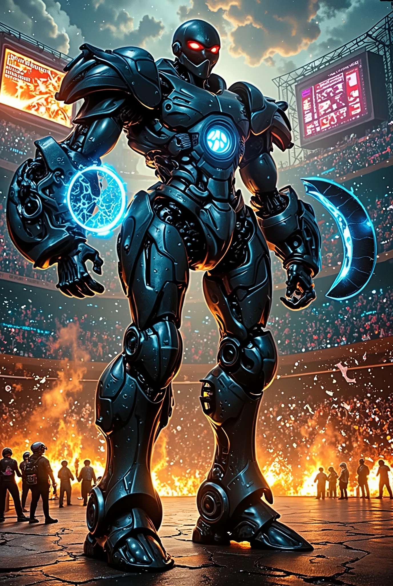 A cinematic, realistic depiction of a giant robot gladiator inspired by Robo Jox, standing powerfully in a massive futuristic coliseum arena. The robot towers over 50 meters tall, featuring an industrial design with a heavily armored body made of battle-worn metallic alloys. Its helmet-like head has glowing red visor eyes, exuding menace and focus. A glowing blue energy core is embedded in its chest, pulsing with power. The robot's right arm wields a massive glowing energy blade, while the left arm is equipped with a large, circular energy shield adorned with intricate glowing circuits. The legs are thick and reinforced with visible hydraulic joints and claw-like feet, designed for stability during intense combat.

The arena is immense, with a cracked concrete and metallic-plated floor, surrounded by tiered seating filled with silhouettes of a roaring crowd. Holographic screens hover above, displaying fight stats and close-ups of the battle. The atmosphere is filled with dynamic lighting, including dramatic spotlights illuminating the robot, glowing neon lights in the arena, and smoke, sparks, and flying debris creating a chaotic and intense environment. The scale emphasizes the robot’s immense size, with smaller human figures and vehicles visible in the background for comparison. The overall tone is cinematic and awe-inspiring, showcasing the power and grandeur of the scene.