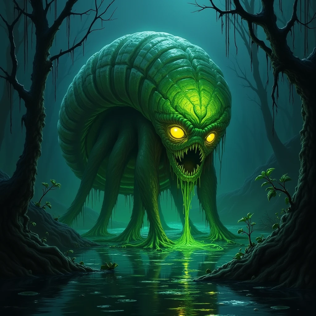 Nautilus oozing with luminescent green slime, glowing yellow eyes, swamp at night, best quality, masterpiece, Bitcoin, cryptocurrency,