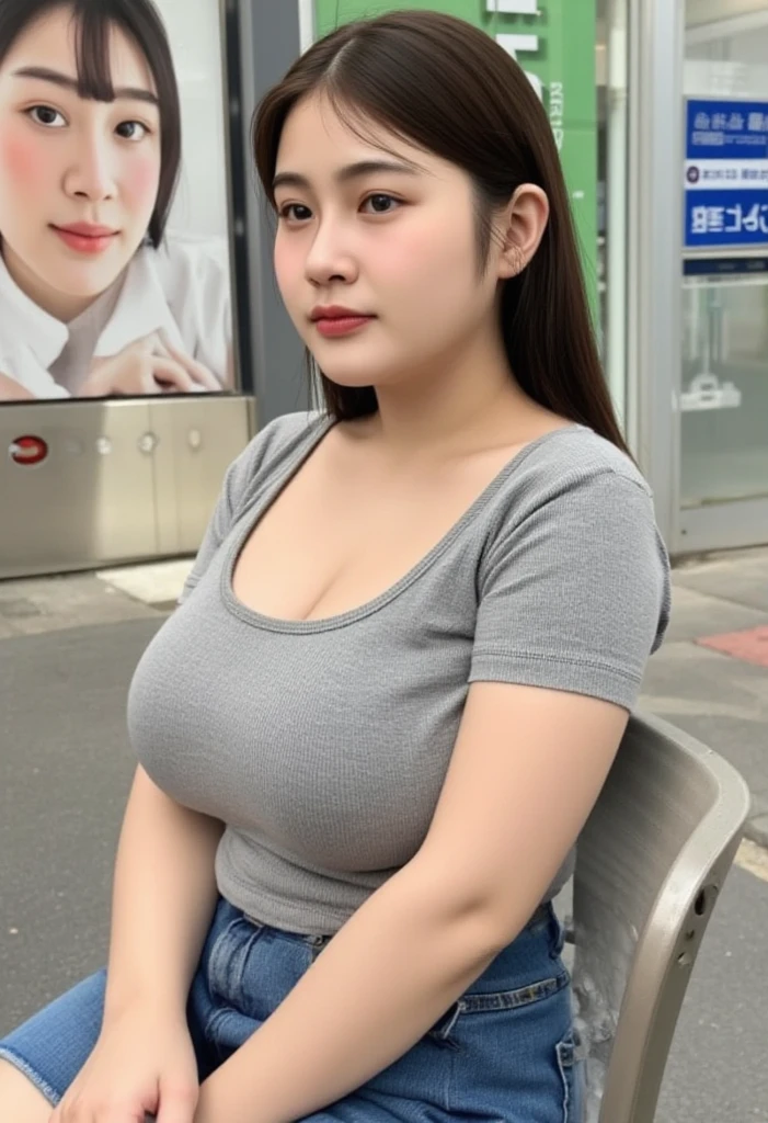 (( best quality)),((8k)),Plump figure,  Portrait , sign, a photo of a Thai woman wearing short jeans and a fitted grey T-shirt.,  sitting on a chair, on the back is a ,The Japanese ad 