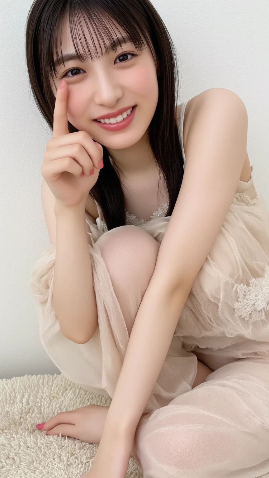 On the table, highest quality, (Flawlessレースのブラジャー、FlawlessＴback、White or pink、Showing panties、Crouch down、Full body description、M-shaped splits、Front facing the viewer 1.6）figure, Very detailed, Fine details, High resolution, 8k wallpaper, Flawlessダイナミックな構成, Beautiful and delicate eyes, Medium Hair,Natural color lipstick for small breasts, Bold gesture,smile,Harajuku、20-year-old girl、Lovely、Looking into the camera lens