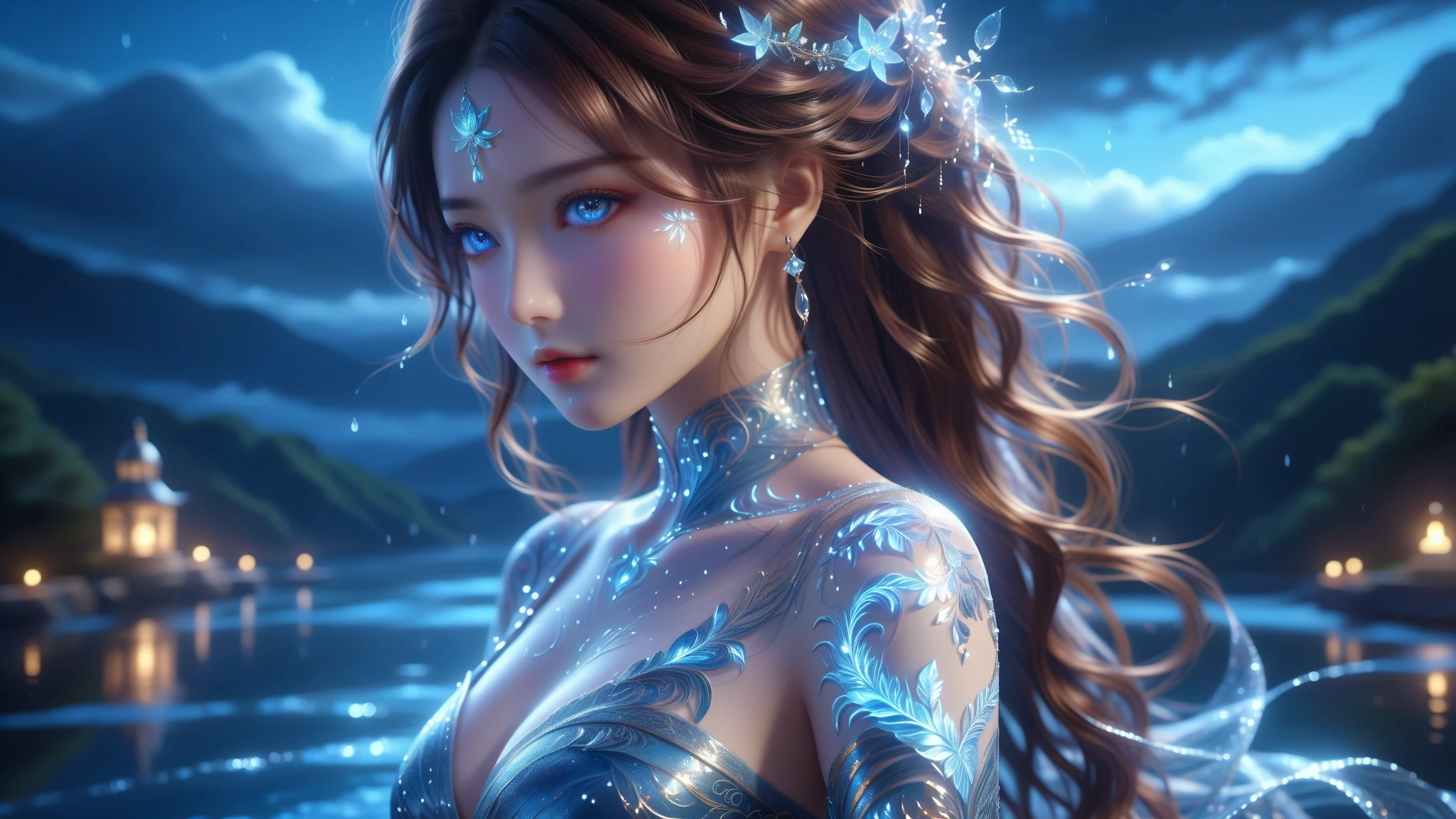 raw photo:1.2, masterpiece, highest quality, 16k, unbelievably absurd, very detailed, perfect beauty, (double exposure vibrant colors silhouette:1.3), (layered vibrant colors silhouette:1.2), (water world photo scenery), diamond dust, starry sky with aurora, flowing sheer dress, flowy long hair, (lake:1.2), (realistic photo scenery), (starlight), (cute mermaid girl dancing,romantic tutu),