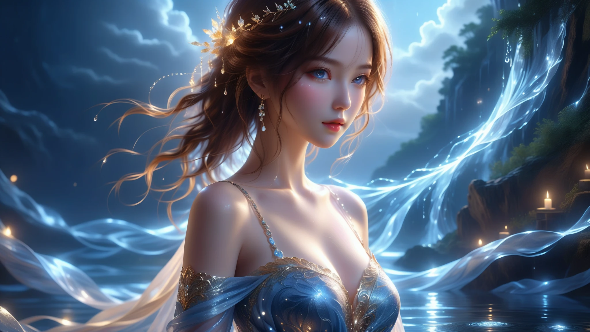 A Masterpiece In 32K Resolution, Supreme Quality, Super Detail, Official Art, Very High-Resolution 32K Wallpaper, Exquisite And Aesthetic, Ultra-Detailed Features, Awe-Inspiring Detail. A Mystical Landscape With Gentle Rainfall, Swirling Clouds, And Skin With A Soft, Velvet Sheen Highlight Her Graceful Curves. A Girl With A Mysterious Expression, Highlighting Her Ample Breasts, Flowing Brown Hair, Slightly Tousled But Majestic, And Silver Eyes That Seem To Pierce Through The Soul. Her Features Are Delicate And Alluring, Lit By Cool Moonlight. Beautifully Detailed Beauty, With Subtle Shifts In Expression, Surrounded By An Otherworldly Aura. The Reflections On The Water Echo The Fine Details Of The Surroundings, With A Timeless Face Captured To Perfection. This Is An Ultra-Detailed Painting Of A Strikingly Delicate Figure, Showcasing An Ethereal Charm That Captivates The Viewer.