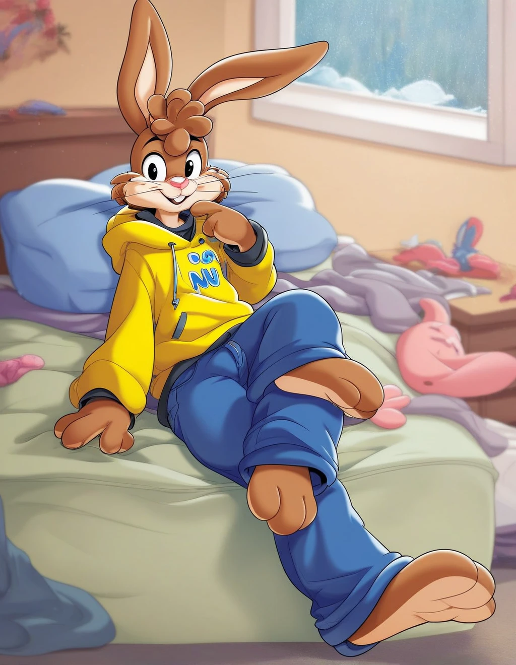 zPDXL3,quicky,4 fingers,brown fur, blue pants, yellow winter hoodie, sitting down on the bed in the bedroom, young 25 year old adult, 6 feet tall, cute version of quicky, cute rabbit hair, furry, rabbit, male, femboy, slim,solo,looking_at_viewer,