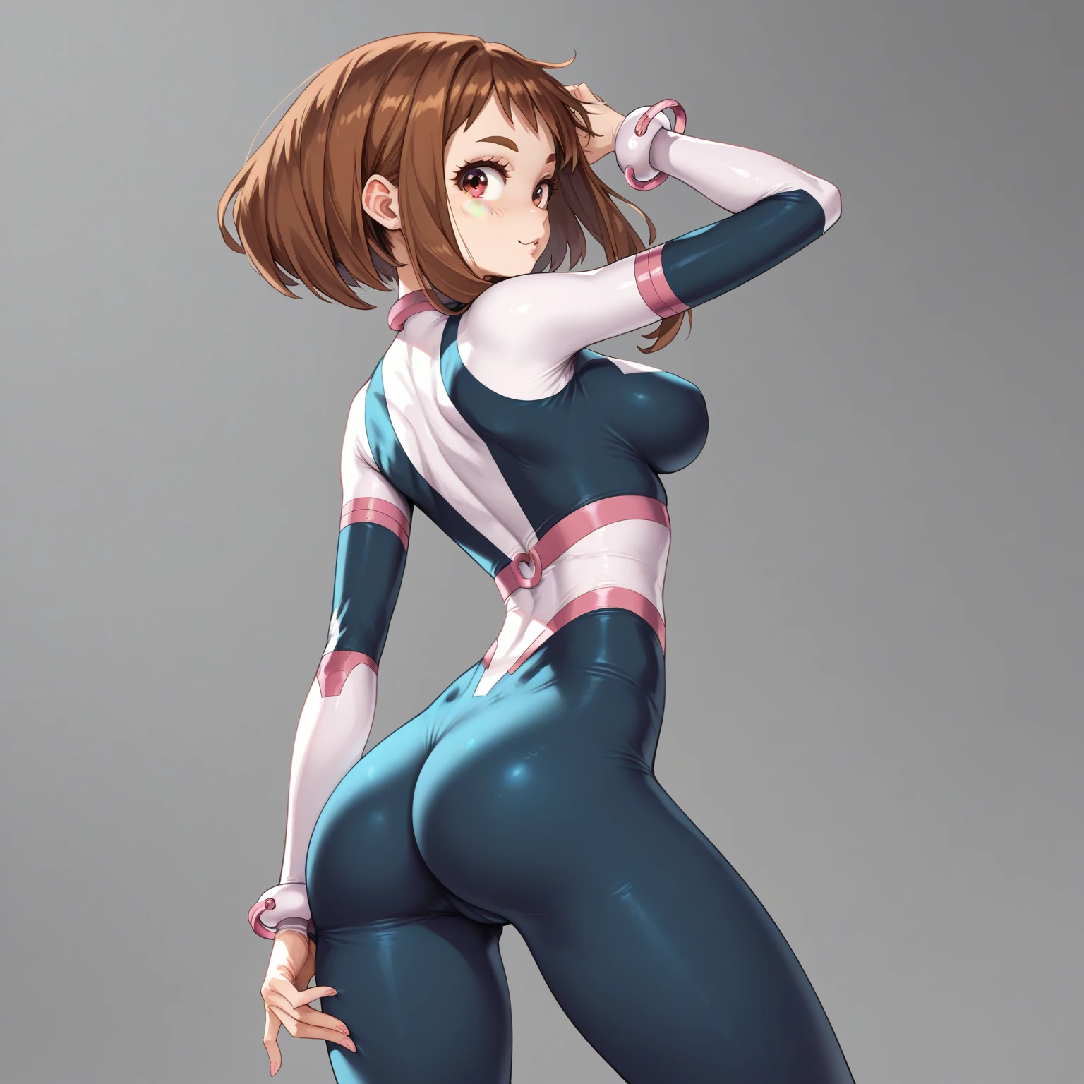 (side angle), ochako uraraka, brown eyes, brown hair, (aego)short hair, blush, blush stickers, bodysuit, skin tight, superhero, slender body, tiny waist. sexy body, sexy figure, slim legs, slim figure, sexy, tiny waist, desireable, tempting, lust, butt, back view, back, dos, fesses , yoga pants, poches arrières pantalon, bottes noires 