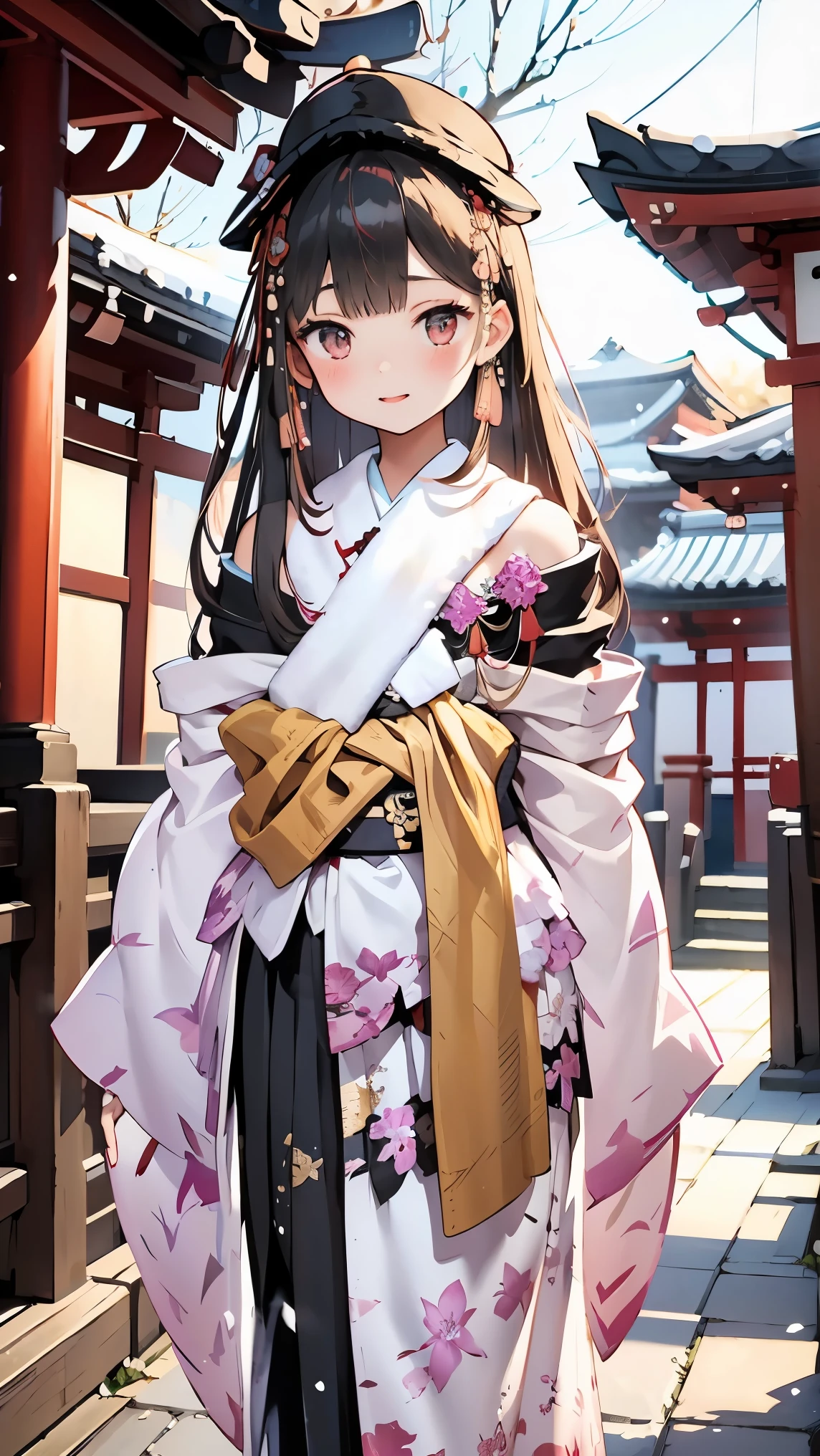 ((best quality)), ((masterpiece)), (detailed), perfect face, (best quality), (detailed skin:1.3), (intricate details), A young Japanese girl wearing a beautiful traditional furisode kimono, adorned with vibrant floral patterns in shades of red, pink, and gold, walking gracefully through a serene Shinto shrine. She has a radiant smile and carries a small omamori charm in her hand. Her hair is elegantly styled with traditional kanzashi hair ornaments, and the sunlight filters through the torii gates, casting soft shadows. The setting includes a pathway lined with stone lanterns and trees, some of which are dusted with a light layer of snow, adding a seasonal touch to the tranquil scene. A sense of joy and tradition fills the air, reflecting the festive atmosphere of a New Year’s Day visit.