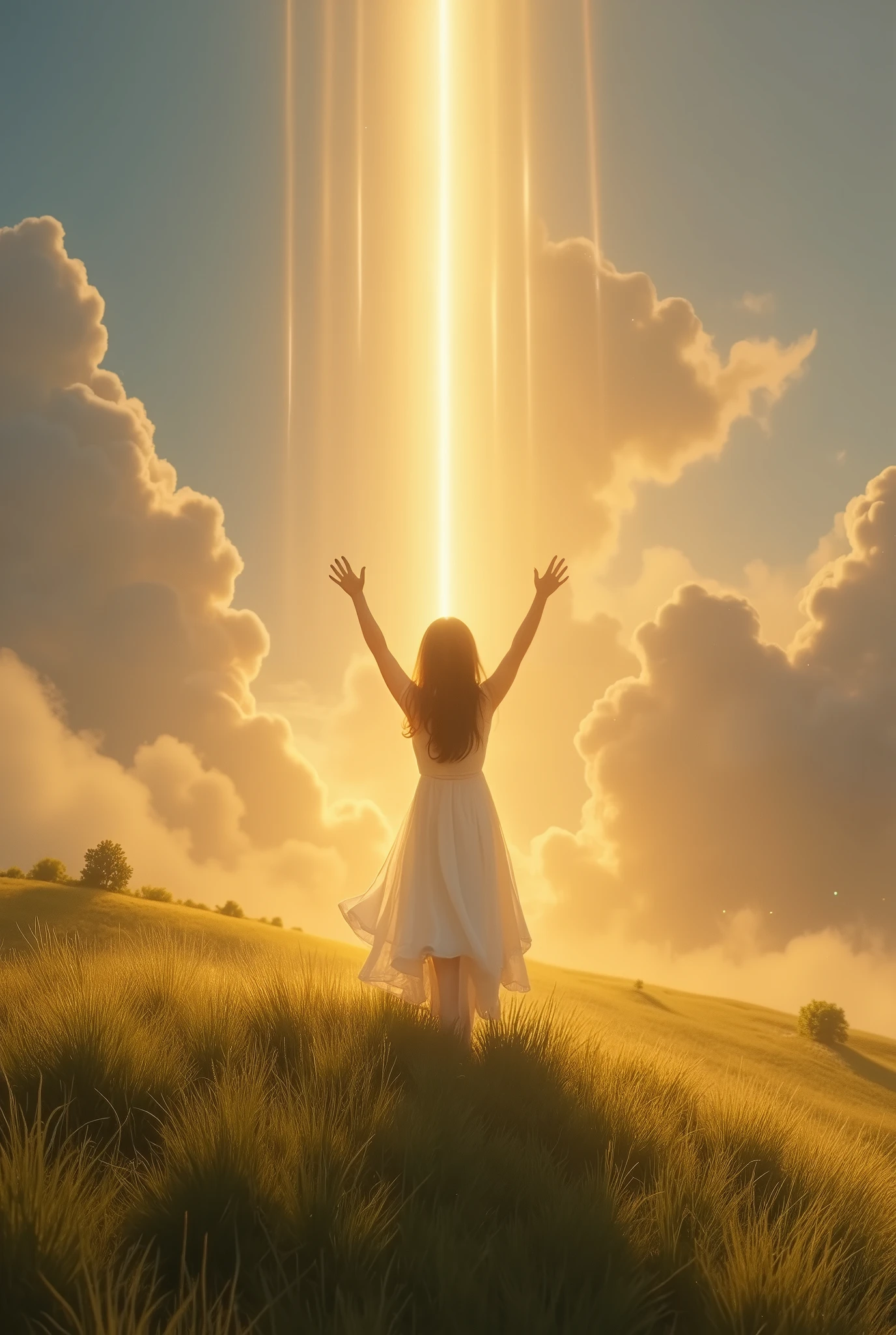 A radiant landscape bathed in divine light unfolds, with a young girl standing at the peak of a grassy hill. She raises her hands towards the heavens in a gesture of gratitude, as a glowing path of golden light stretches out before her, symbolizing faith and hope. Gentle beams of sunlight pierce through soft clouds, casting a warm glow over the scene. In the distance, faintly visible angels spread their wings, radiating blessings. The serene sky, adorned with hues of orange and gold, creates a tranquil backdrop. Lush green grass sways in the breeze, and her flowing white dress shimmers in the sunlight, reflecting her profound sense of faith and gratitude. This highly detailed composition captures every element with cinematic lighting, stunning realism, and vibrant 8k resolution, presenting an awe-inspiring masterpiece.