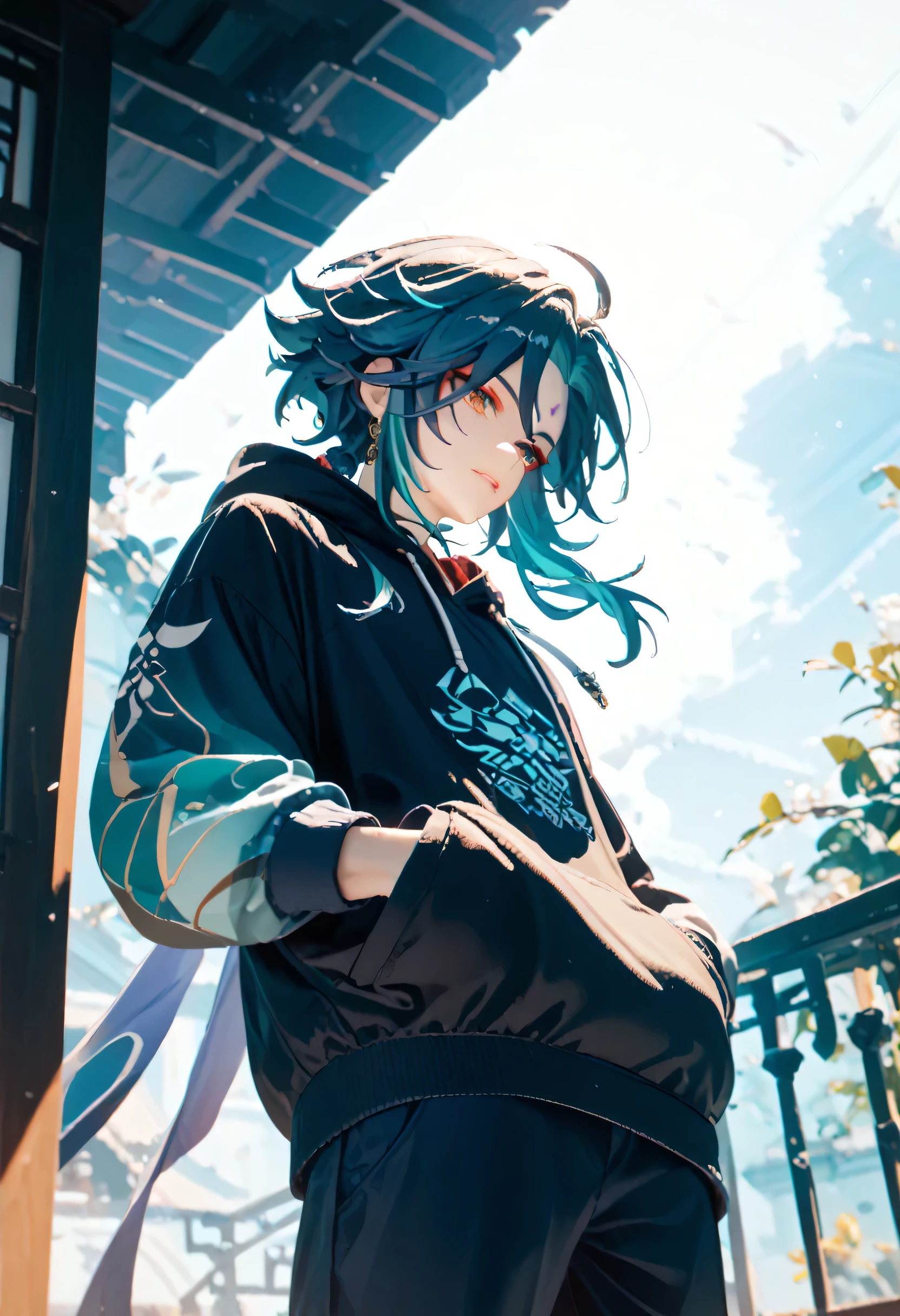 Xiao, genshin, hoodie, ジーパン、hands in pockets, from below 