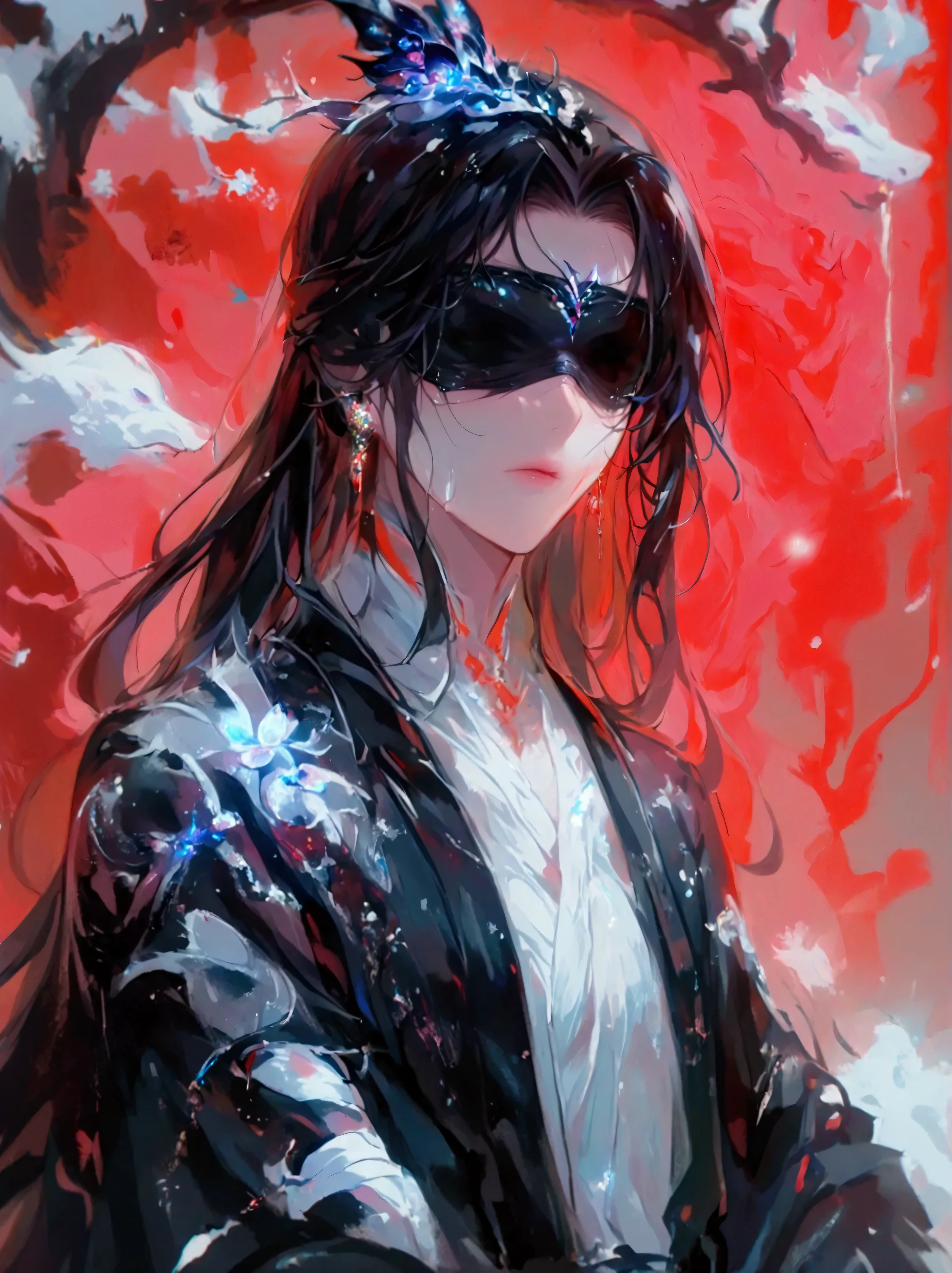 masterpiece,quality,1 person, kvinner,Tamil black long hair , Tamil black eyes like an endless dark black hole, dark black robe , White bandages wrapped around his body , black blindfold ,Chinese mascot,Trainee,fairy tale,God of Immortality,, snow-white skin , seductive shape , What man sees the difference in possession , Simple Background,Clear Red Pink Tits Pussy