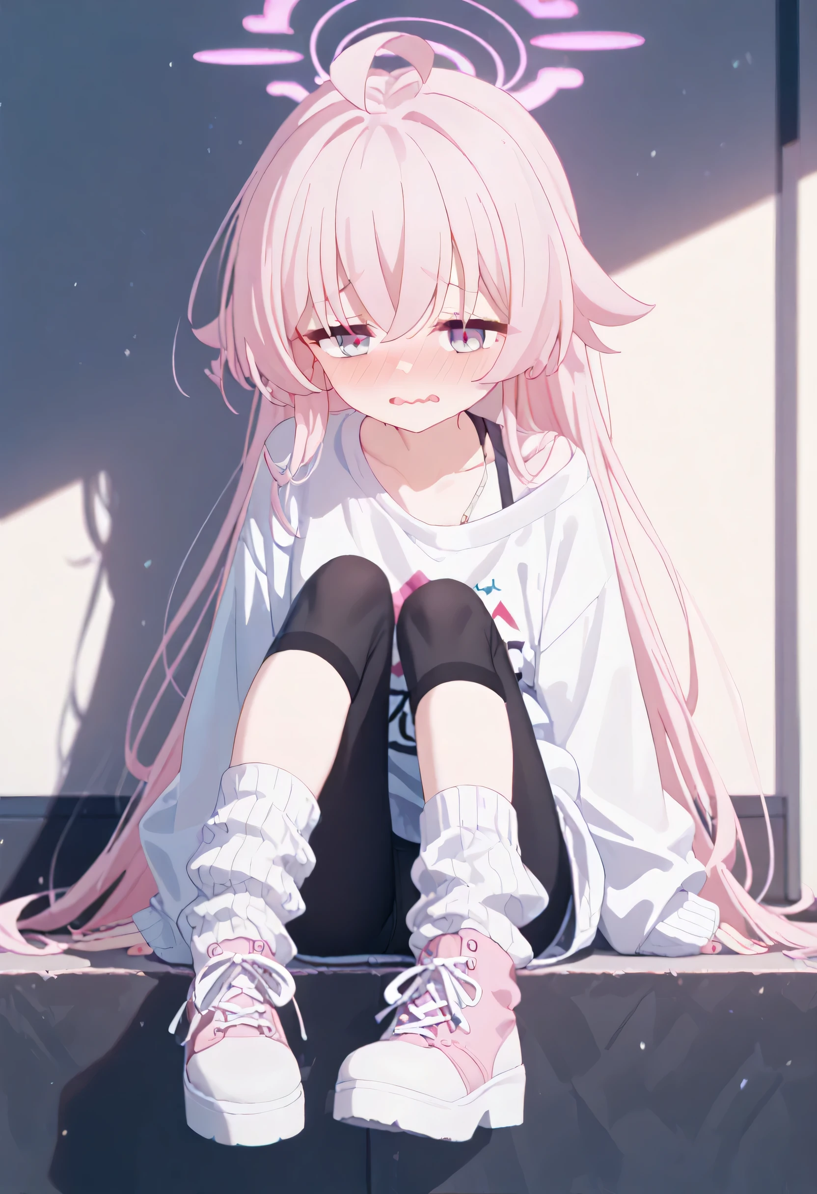 One girl, ager, light skin, long pink hair, pink eyes, black shirt, white jacket, black pants, sports shoes, anime style, digital art, heart necklace, sitting in a messy room looking out the window