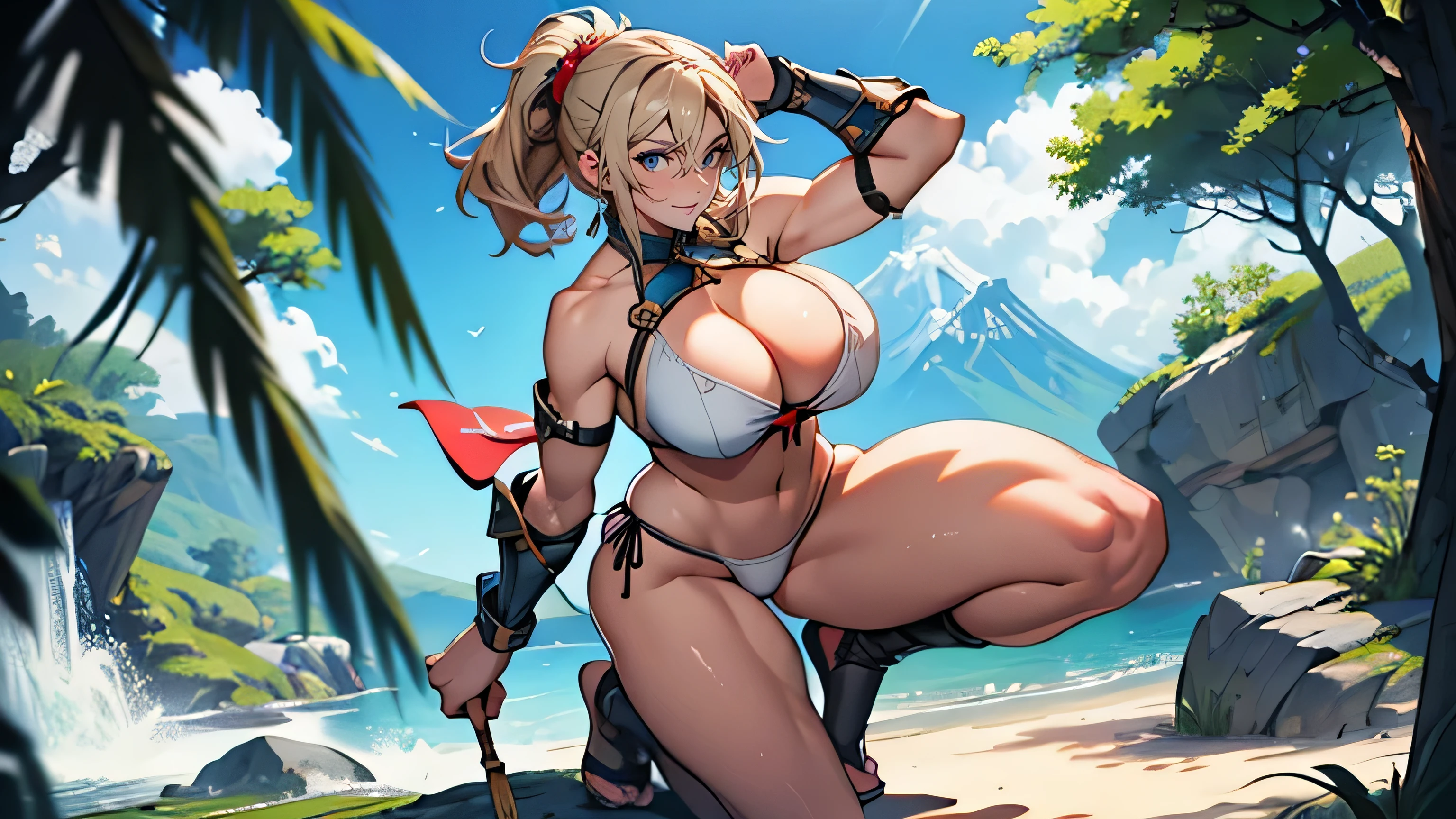 ((highest quality)), ((masterpiece)), (be familiar with), perfect face,4k,Japanese,girl,cute,smile,Full body Esbian:1.5,big breasts:1.5,Woman warrior:1.5,bikini armor:1.5,adventurer,jump big