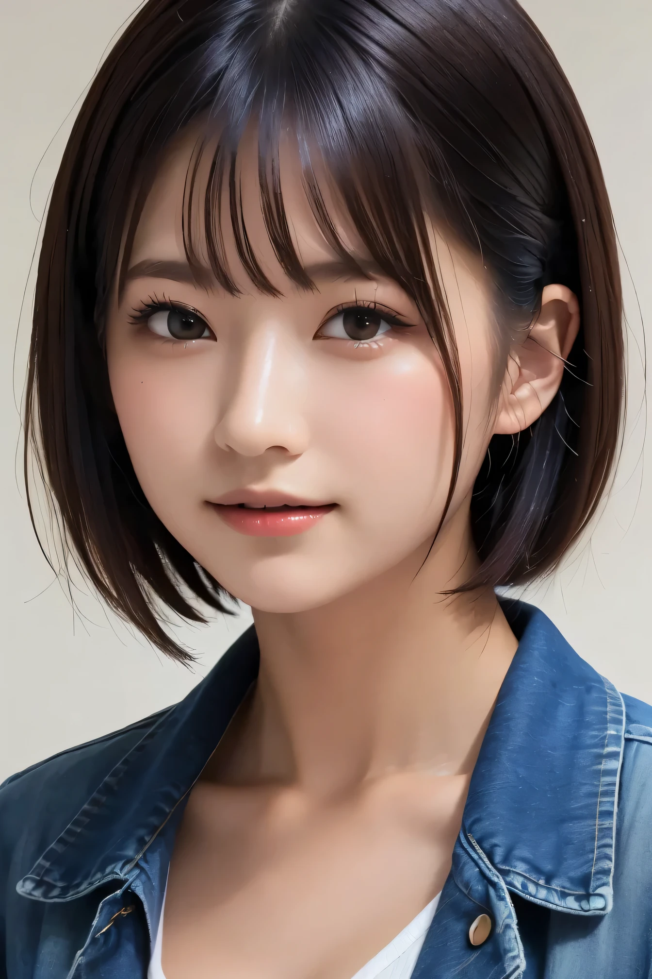 realistic, masterpiece, top quality , Highest Resolution , Portraits of Japanese Women, Only the upper body is depicted, Portrait Background, A happy smile, slightly turned to the side, Always observe the audience, beautifully detailed eyes, Dark Eyes, looks sleepy, Sparkling Eyes, ( hidden eyelid crease slightly to the side:1.2), thin eyebrows, Draw eyelashes carefully, natural cosmetics, ( short hair, Silver Hair:1.3), detailed face , ( face close-up:1.2), (( Denim Jacket ), naked)