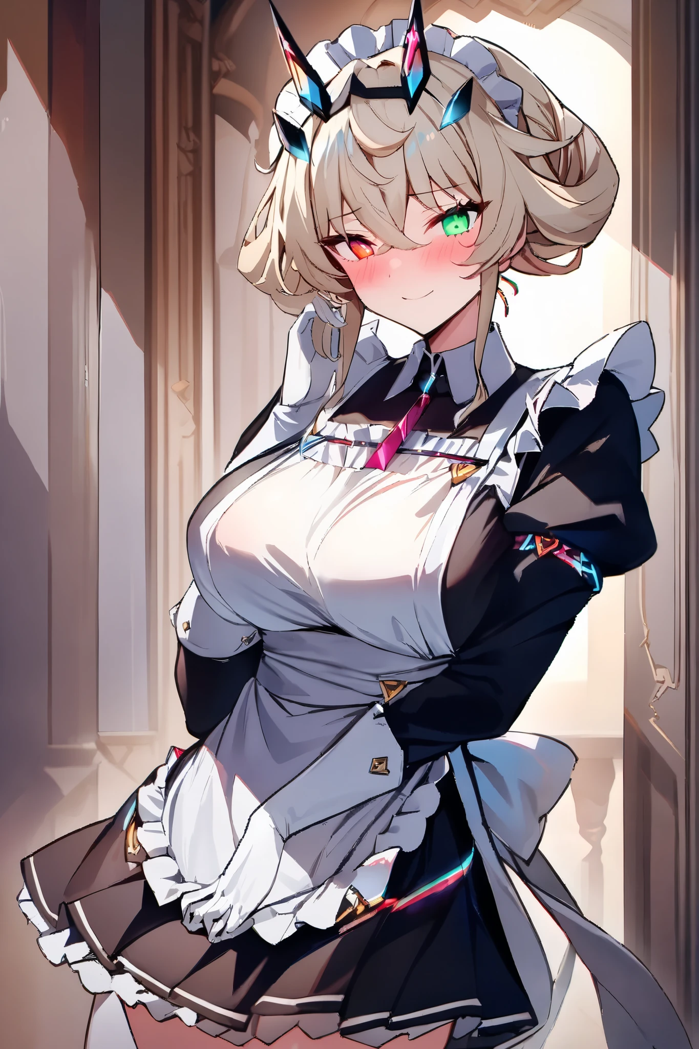 NSFW,masterpiece, top quality , high res, very detailed,Barghest_Maid、 Platinum Blonde Hair、 Twin Blade、 short hair、side lock、 Up Hair、 bun hair 、 rainbow heterochromia、 glowing eyes、 maid's headdress、ruffle dress、 pleated dress、juliet sleeve、 maid apron、collar、 black skirt 、 long skirt、white gloves,smile,blush,Luxurious mansion