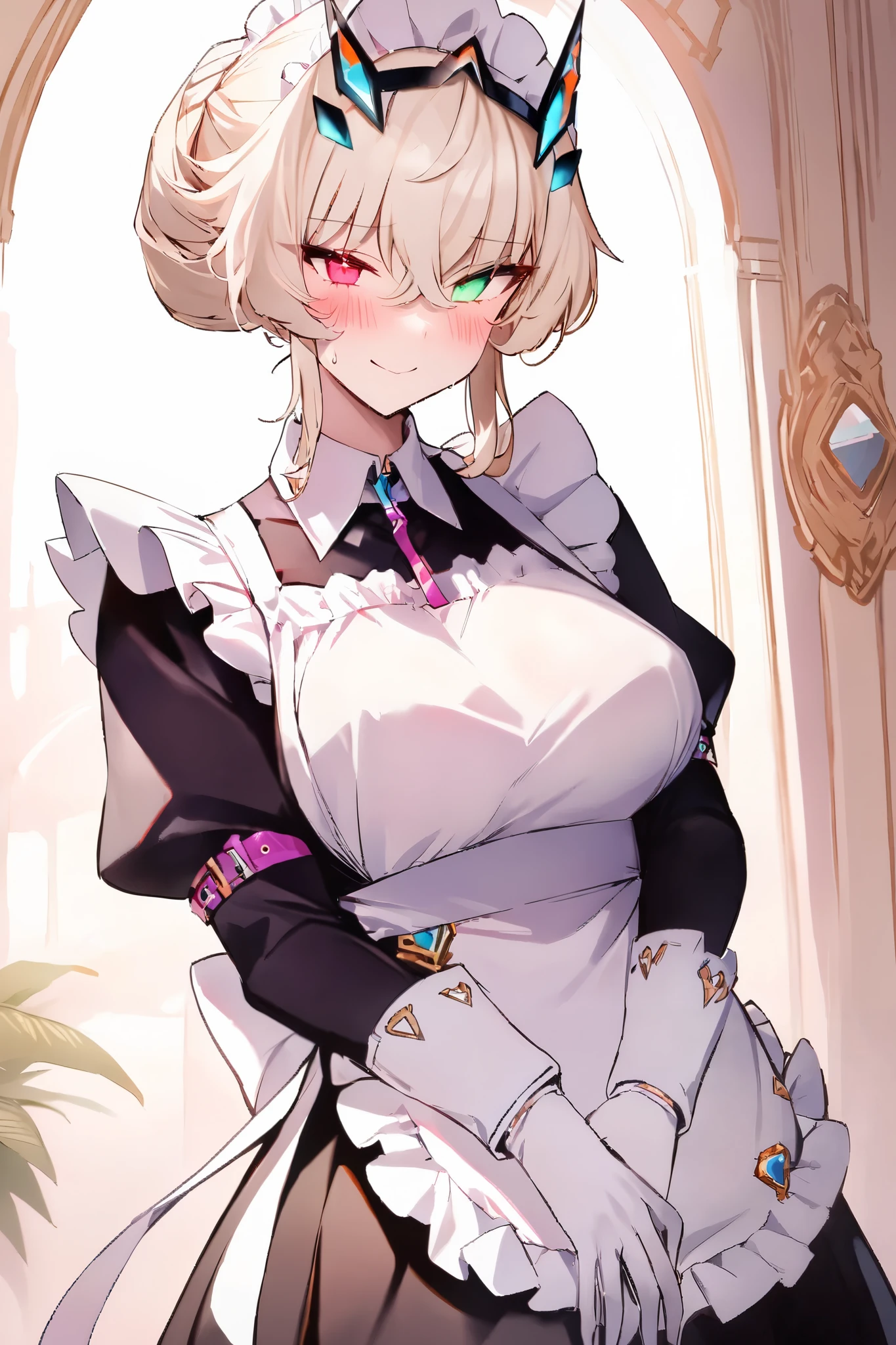 NSFW,masterpiece, top quality , high res, very detailed,Barghest_Maid、 Platinum Blonde Hair、 Twin Blade、 short hair with shadows、side lock、 Up Hair、 bun hair 、 rainbow heterochromia、 glowing eyes、 maid's headdress、ruffle dress、 pleated dress、juliet sleeve、 maid apron、collar、 black skirt 、 long skirt、white gloves,smile,blush,Luxurious mansion