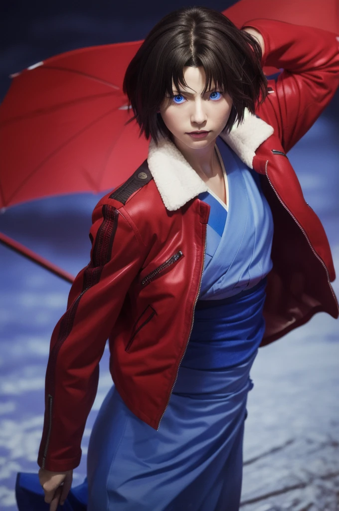 best quality, masterpiece, highres, solo, (dynamic angle), (cool), (hmshiki), Ryougi Shiki, (short hair, ahoge, red jacket, blue eyes, blue kimono, open clothes, fur trim), wield a knife at viewer, red moon, rain_blood rain, portrait, perfect anatomy, perfect proportion, noise removal