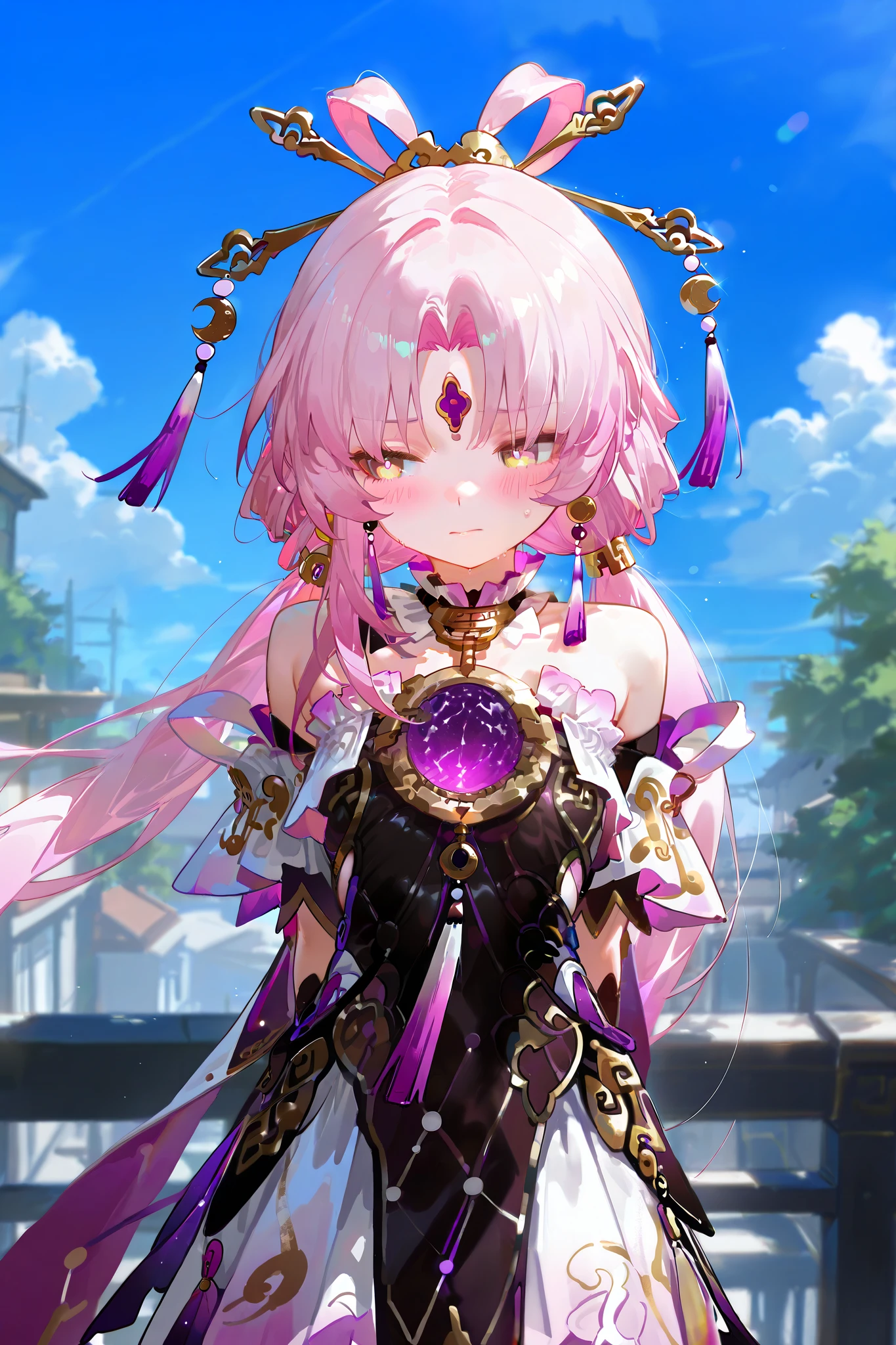 fu xuan(honkai star rail), 1 girl, pink hair, day time, open eyes, looking away, blush, arms behind back, facing viewer