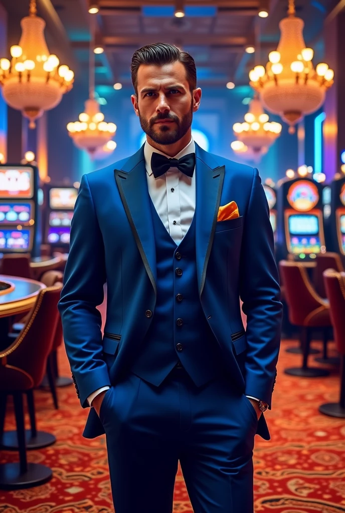 ((best quality)), ((masterpiece)), (detailed), A handsome man named William Duke, with a chiseled jawline, piercing blue eyes, short brown hair, and an athletic build wearing a tailored suit. I'm playing casino
