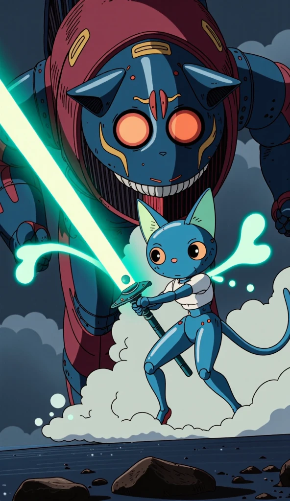   （masterpiece、 High Quality 、 high image quality、4K、8k、 Details）、A cute cat-shaped robot swordsman is holding a glowing sword and trying to fight a giant fish-shaped robot、SF、Ghibli style、