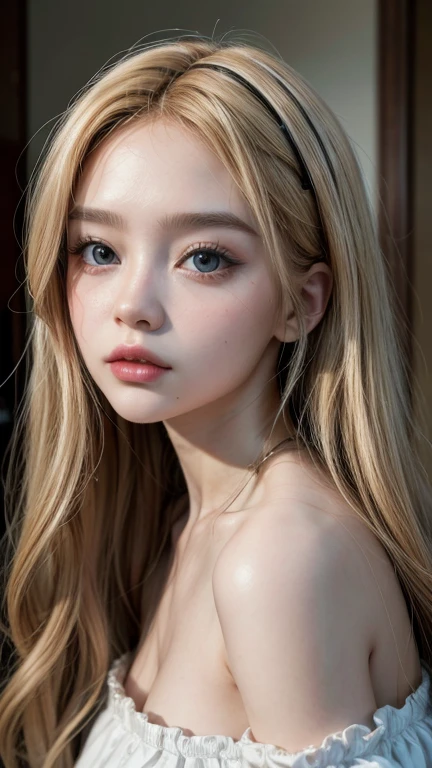 Curly blonde hair and brown eyes