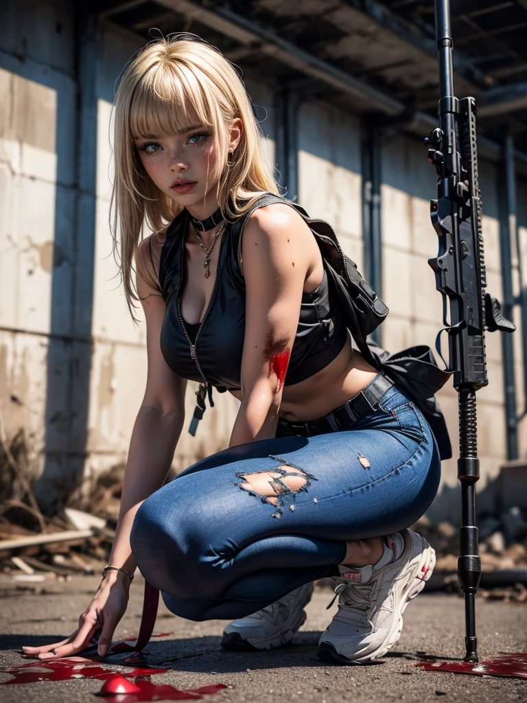 Extremely Beautiful Blonde Girl wearing a bulletproof vest over her tank top with white tactical human leggings with sneakers with long blond bangs hair with lipstick with blue eyes and carrying an assault rifle in her hands, pointing gun , hanging an assault rifle in her hands, looking at her target, High Resolution, Masterpiece, Accurate, Anatomically Correct, Award Winning, Best Quality, Detail, HD, High Details, High Quality, Quality, Retina, Super Detailed, Textured Skin, UHD, she is bleeding out, she is covered in blood, she has holes in her clothes, she is bleeding out due to her gunshot wounds, she is leaving blood drops on the ground, she is defending herself against shooters, she is surrounded, she is bleeding out a lot, showing belly button, she is bleeding from her nose, full body length portrait, sneakes, showing full body, showing sneakers, she is grabing an assault rifle with her two hands, she is injured and bleeding out. 