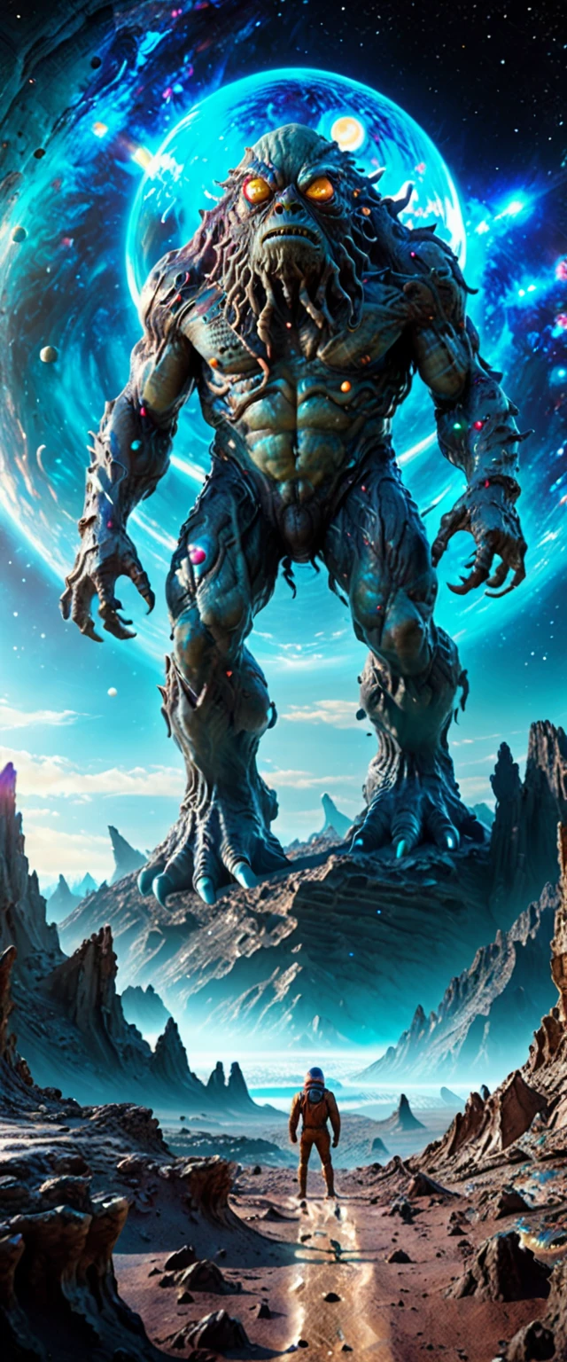 full body image, giant cyclops monster on alien planet with view over blue galaxy and light reflections, subsurface scattering, cinematic cosmic 3d render octane highres high-saturation, 