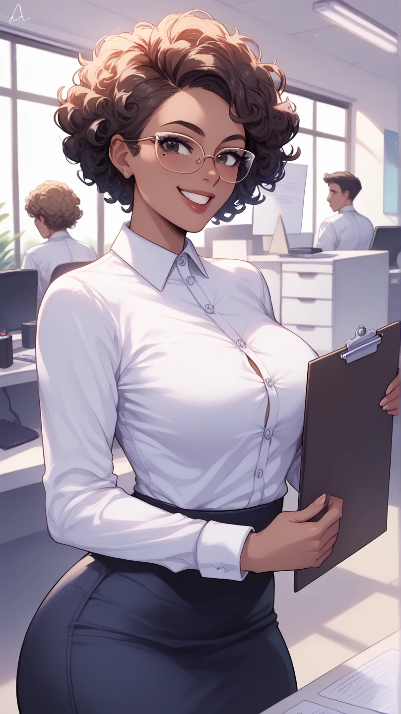 the best quality, super fine, 16k, incredibly absurd, extremely detailed, 2.5D, delicate and dynamic, a beautiful 40-year-old woman, mature woman, dark skin, slight smile. Dark gray hair, brown eyes, droopy eyes, black eyebrows, strong eyebrows. High cheekbones, strong chin. Freckles. Big breasts, big thighs, voluptuous and wide hips. Wearing a white blouse, tweed skirt. (sitting on a chair in the office) legs open to the sides (legs open to the viewer) legs separed. solo (office scenary) (working in the office).