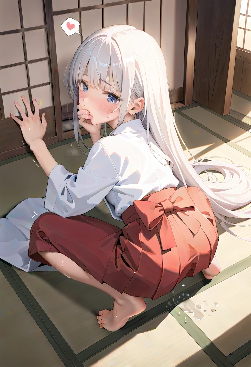 (masterpiece,beautiful,hughres,CG,8k,16k,best quality,high-resolution,detailed fingers,detailed hands,detailed legs,detailed eyes:1.5),anime,source anime,illustration,(from behind,from above:1.4),(1girl,Alone:1.5),(sunlight,Japanese style,Japanese-style room,tatami:1.5),(tatamiの上で:1.2),(white hair:1.5),blue eyes,(very long hair,straight hair,bangs:1.5),(miko,japanese clothes, white kimono, red hakama, hakama skirt:1.3),(open clothes:1.2),(small breasts:1.4),(Put your hands on the wall:1.4),sitting,hand over own mouth, covering own mouth,(squatting:1.3),(dildo:1.2),dildointhong,(female orgasm,pussy juice:1.3),(trembling:1.4),(gasping,heavy breathing,blush:1.5),(impatience1.1),flustered,(fidgeting around:1.4),(steam:1.2),(sweat skin,sweat:1.4),(streaming tears:1.3),drooling,looking away,(looking down,looking back:1.4),(spoken heart:1.2),(narrow one's eyes:1.6)