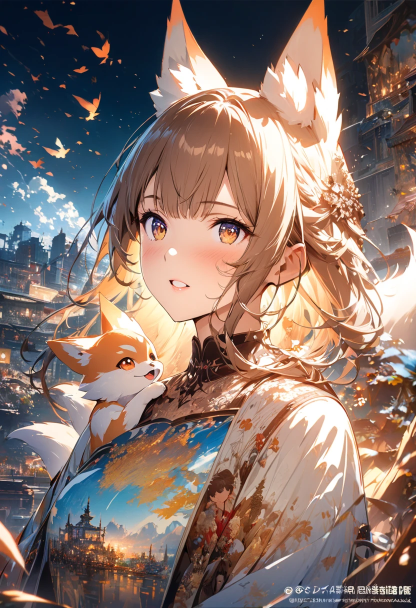      beautiful繊細な女性，Baby kitsune，Double Exposure  (The face is clear and perfect ) images，background、完璧な  super detailed なビクトリア朝都市,  beautiful,  complicated illustration,   artwork concept artwork masterpiece,  top quality,   super detailed ,    high definition   