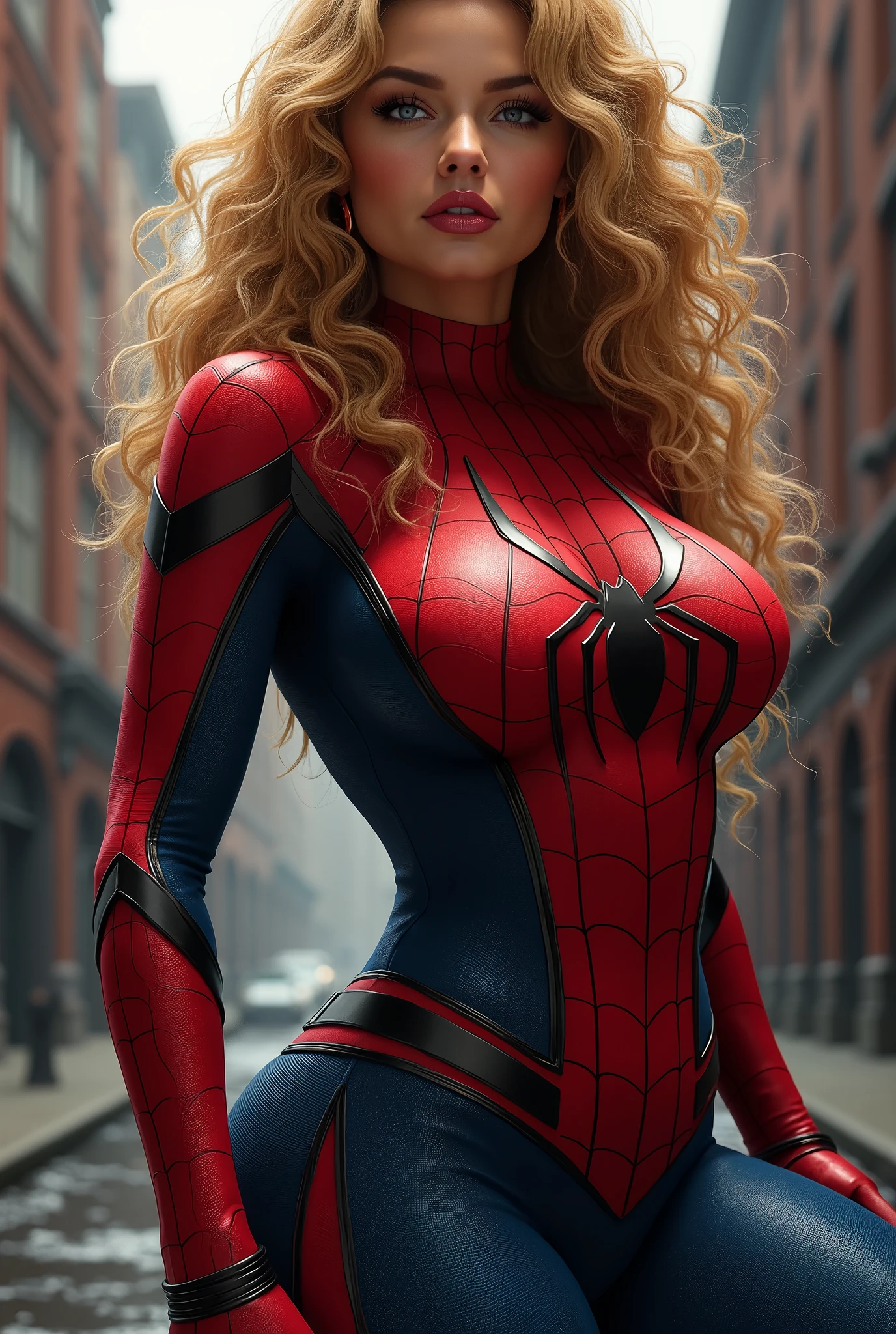 very muscular sexy bodybuilder girl with big breast and big ass in spider man costume