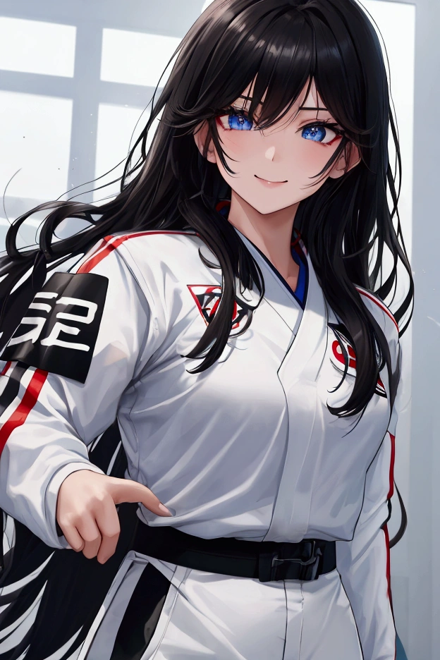 Score_9, score 8_up, score 7_up, high quality, semi realistic, uhd, 1girl, beautiful, ash black hair, long hair, messy hair, straight hair, without bangs, blue eyes, eye highlights, fair skin, serene, eyelashes, smiling, sparkling, front view, looking at the side, upper body, white taekwondo uniform top, long sleeves black belt, white taekwondo uniform pants, long, bruised cheek, sunny afternoon setting, taekwondo gym background, yellow lights, standing, anime scene, windy scene