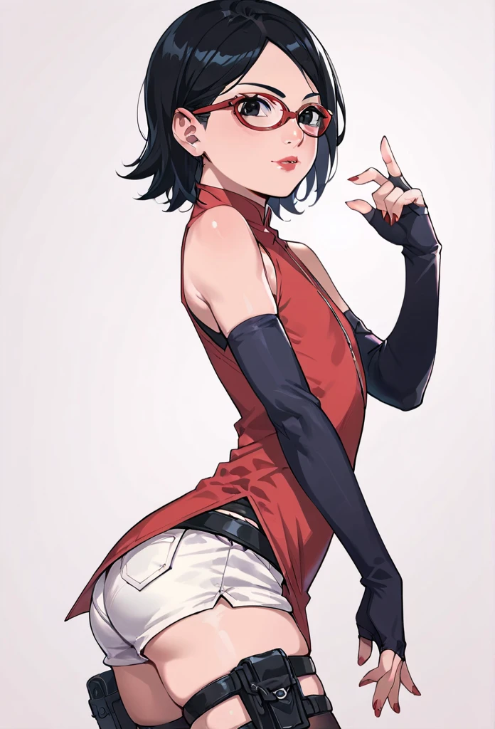 score_9_up, score_8_up, score_7_up, score_6_up, score_5_up, score_4_up, ,zPDXL2, solo, rating_questioablr, perfect face, perfect eyes, BBC_Chan Style, Sarada Uchiha, solo, 1girl, black hair, short hair, red-framed eyewear, glasses, black eyes,red dress, sleeveless, elbow gloves, black gloves, fingerless gloves, white shorts, black thighhighs, thigh holster, flat chest, round butt, side view, confidient pose, red lipstic