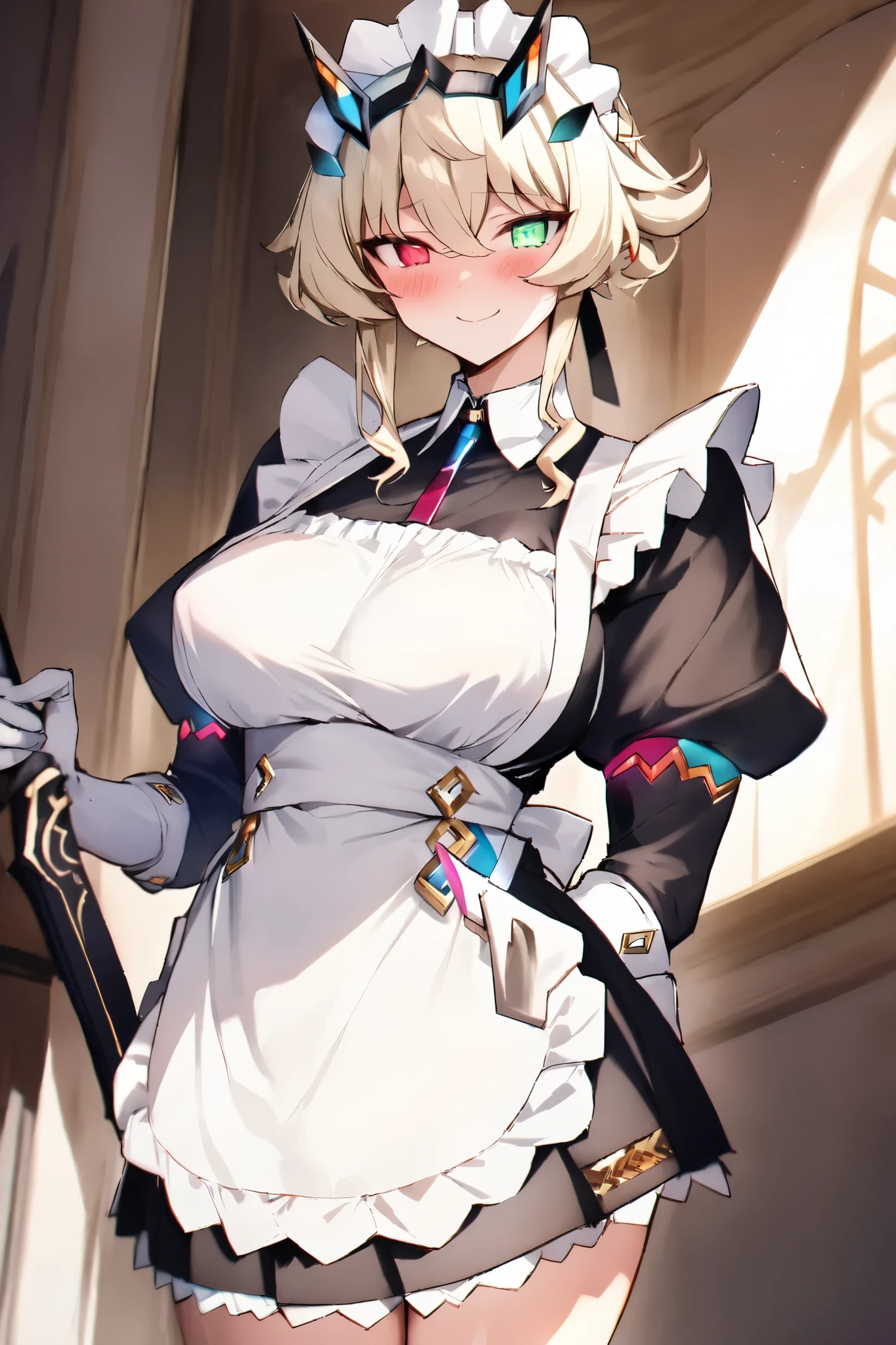 NSFW,masterpiece, top quality , high res, very detailed,Barghest_Maid、 Platinum Blonde Hair、 Twin Blade、 short hair with shadows、side lock、 Up Hair、 bun hair 、 rainbow heterochromia、 glowing eyes、 maid's headdress、ruffle dress、 pleated dress、juliet sleeve、 maid apron、collar、 black skirt 、 long skirt、white gloves,smile,blush,Luxurious mansion