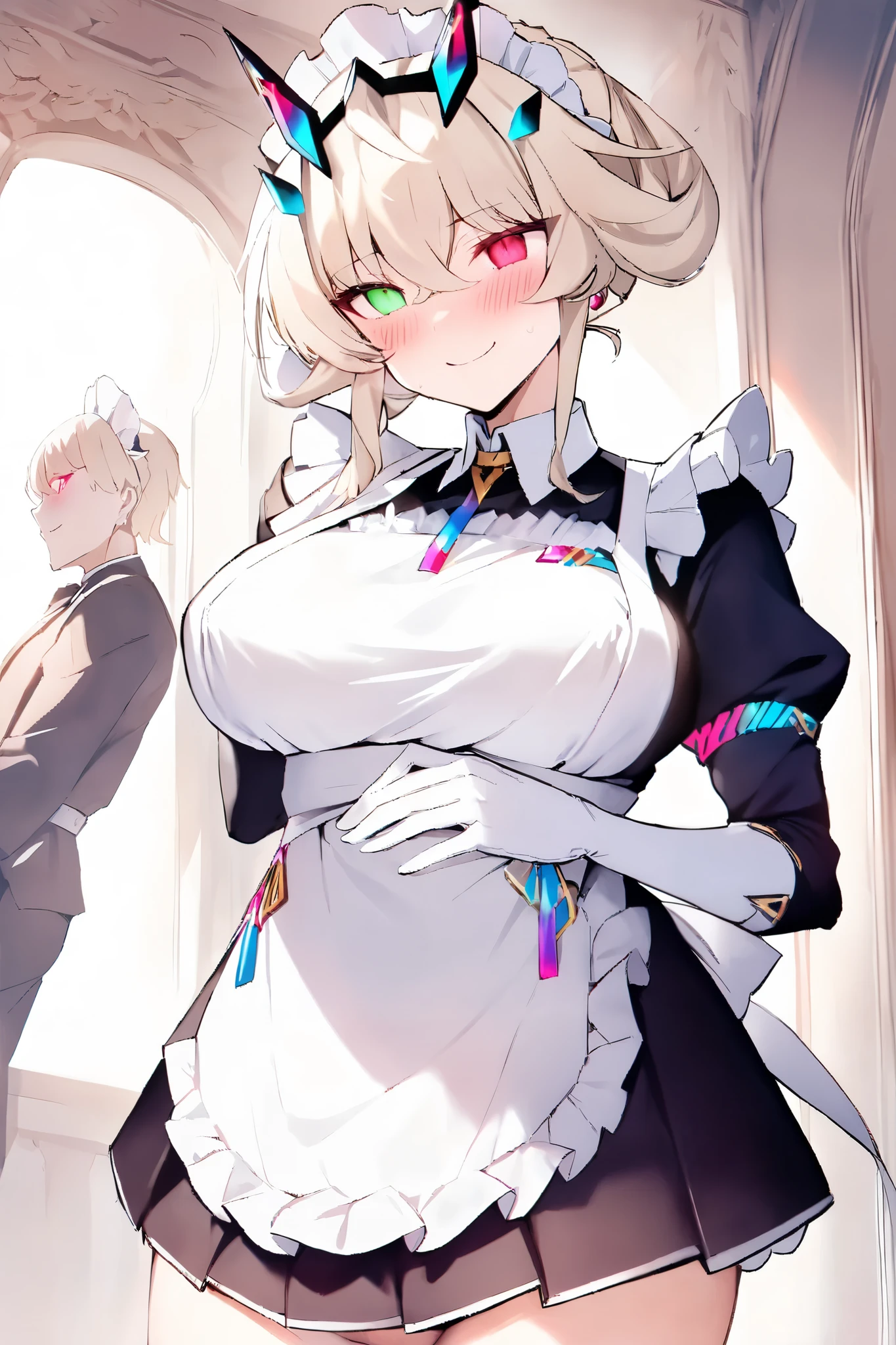 NSFW,masterpiece, top quality , high res, very detailed,Barghest_Maid、 Platinum Blonde Hair、 Twin Blade、 short hair with shadows、side lock、 Up Hair、 bun hair 、 rainbow heterochromia、 glowing eyes、 maid's headdress、ruffle dress、 pleated dress、juliet sleeve、 maid apron、collar、 black skirt 、 long skirt、white gloves,smile,blush,Luxurious mansion