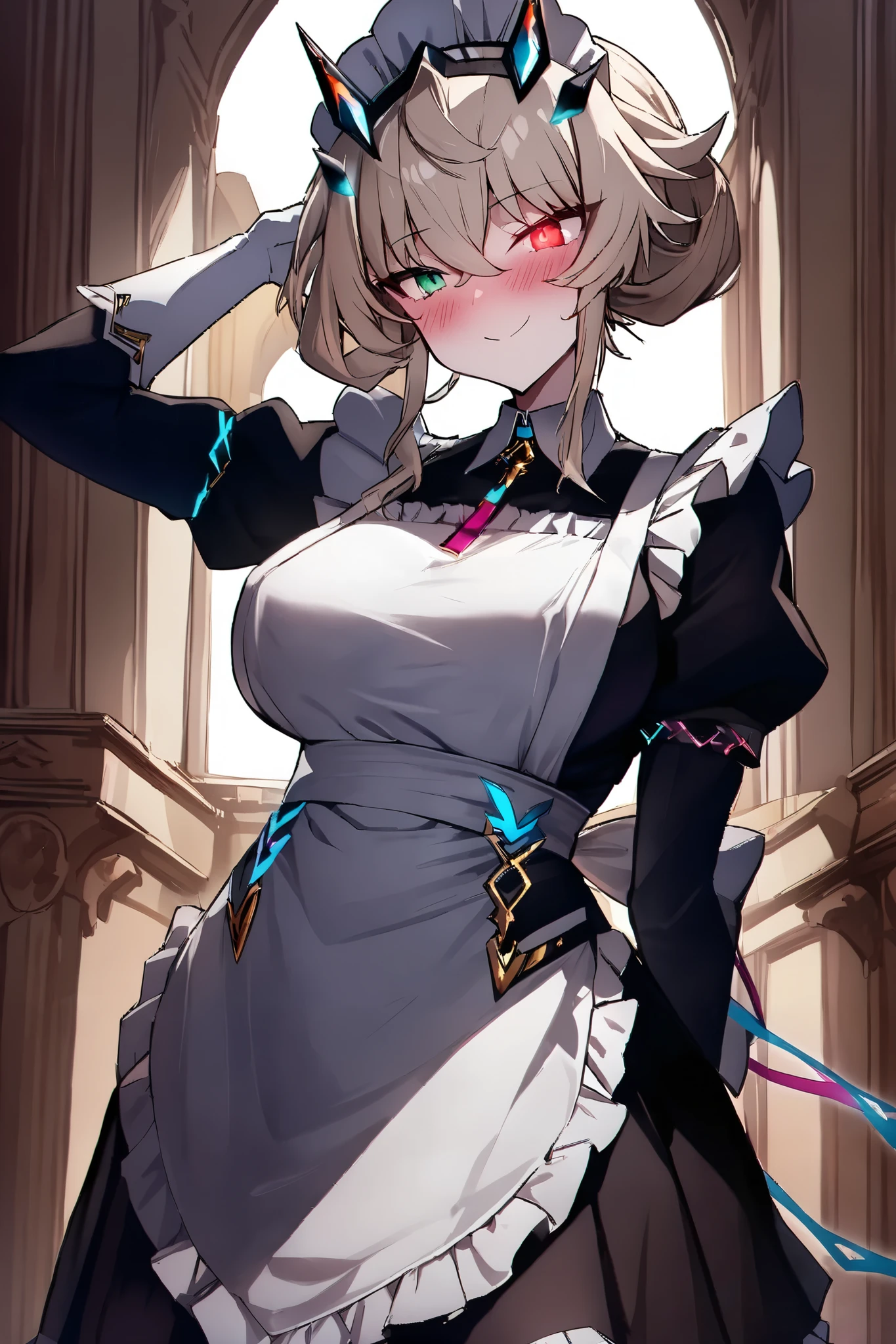 NSFW,masterpiece, top quality , high res, very detailed,Barghest_Maid、 Platinum Blonde Hair、 Twin Blade、 short hair、side lock、 Up Hair、 bun hair 、 rainbow heterochromia、 glowing eyes、 maid's headdress、ruffle dress、 pleated dress、juliet sleeve、 maid apron、collar、 black skirt 、 long skirt、white gloves,smile,blush,Luxurious mansion