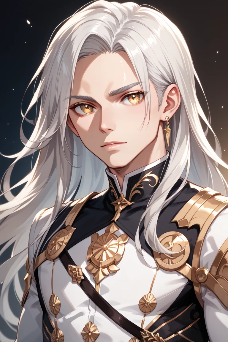 A man with platinum hair, long hair, and gold eyes