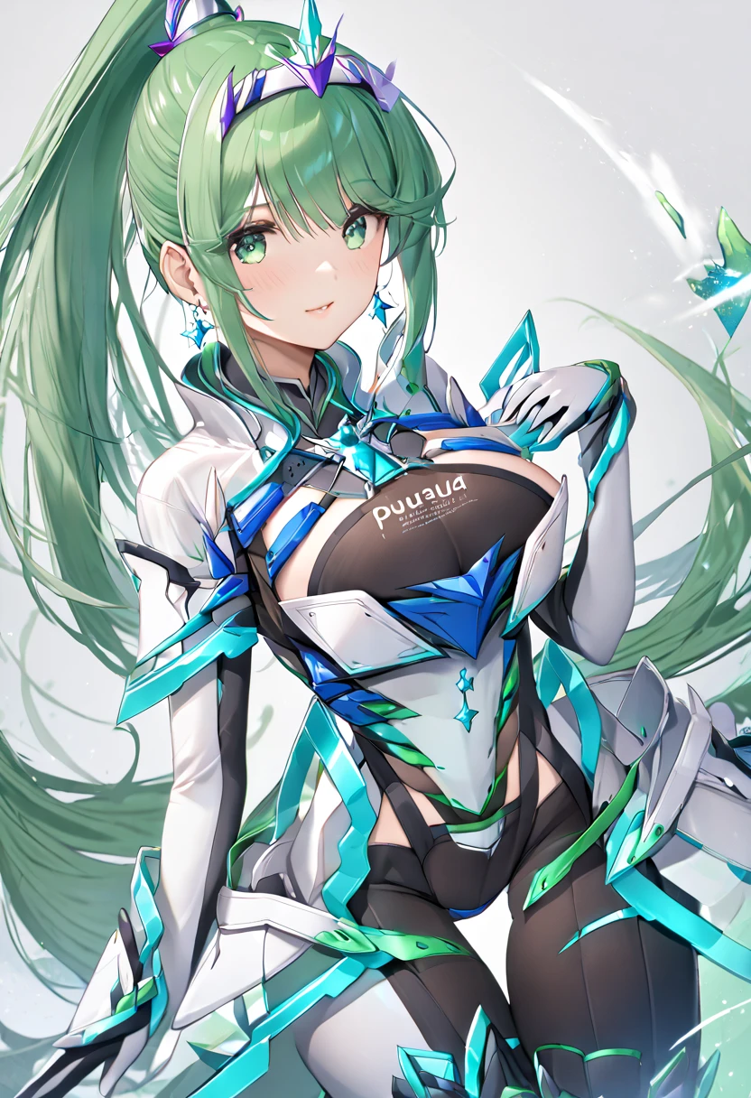 Puneuma、 green eyes、 green hair、 tiara 、 ponytail、 earrings for women with first name、 big breasts、armor、 Chest Jewel 、white gloves、Elbow gloves、