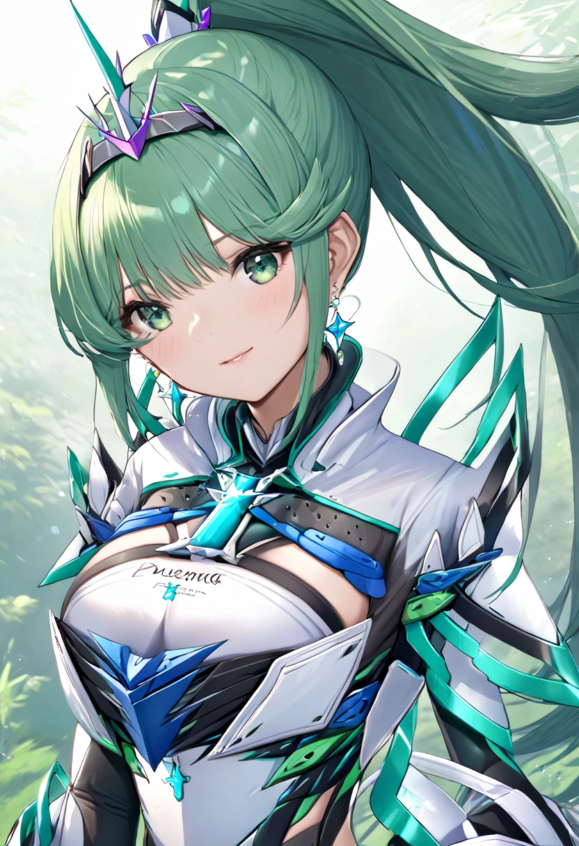 Puneuma、 green eyes、 green hair、 tiara 、 ponytail、 earrings for women with first name、 big breasts、armor、 Chest Jewel 、white gloves、Elbow gloves、