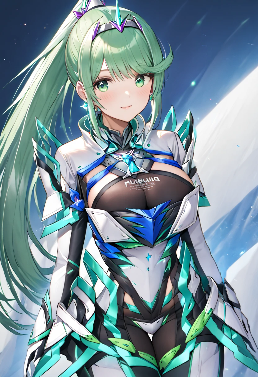 Puneuma、 green eyes、 green hair、 tiara 、 ponytail、 earrings for women with first name、 big breasts、armor、 Chest Jewel 、white gloves、Elbow gloves、