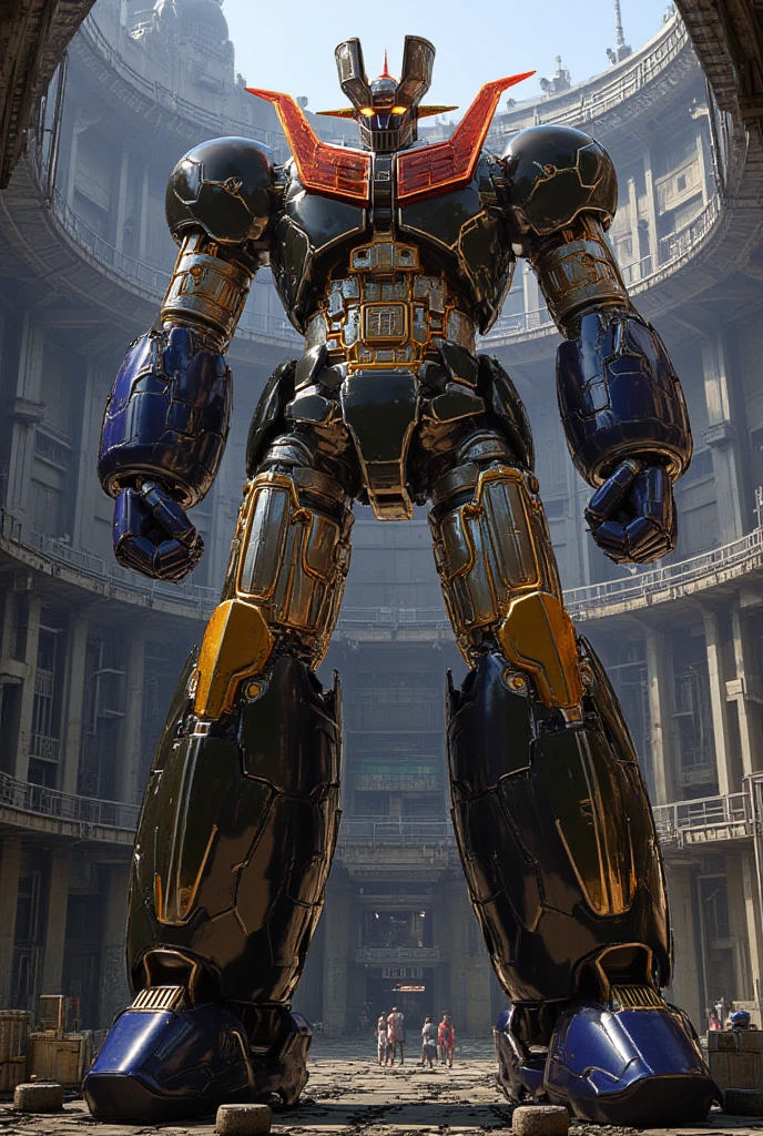 A very realistic version of the modded Mazinger Z,  standing 100 meters high in a forward position.  constructed with modern materials such as steel ,  Carbon Fiber ,  other industrial elements are also visible ,  just like the real thing ,  where high voltage current flows and emits light have been carefully recreated. It is set in a modern nuclear reactor facility industrial environment ,  the appearance of Mazinger Z standing around ,  illuminated by natural light 、 huge structures highlighted with realistic shadows . LED light lighting 　Gundam