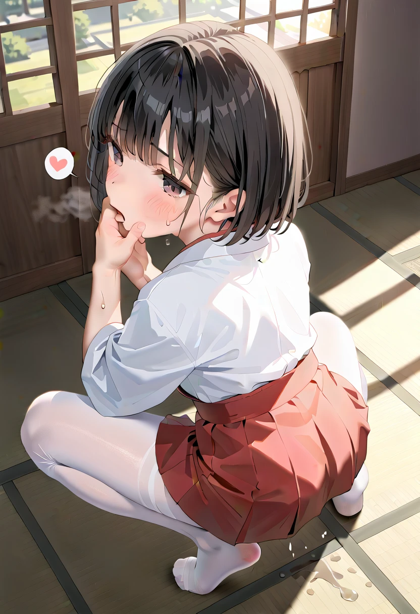 (masterpiece,beautiful,hughres,CG,8k,16k,best quality,high-resolution,detailed fingers,detailed hands,detailed legs,detailed eyes:1.5),anime,source anime,illustration,(from behind,from above:1.4),(1girl,Alone:1.5),(sunlight,Japanese style,Japanese-style room,tatami:1.5),(tatamiの上で:1.2),(black hair:1.5),black eyes,(short hair,bangs:1.5),(miko,japanese clothes,white kimono,red skirt,mini skirt,white tights:1.3),(open clothes:1.2),(small breasts:1.4),(Put your hands on the wall:1.4),sitting,hand over own mouth, covering own mouth,(squatting:1.3),(dildo:1.2),dildointhong,(female orgasm,pussy juice:1.3),(trembling:1.4),(gasping,heavy breathing,blush:1.5),(impatience1.1),flustered,(fidgeting around:1.4),(steam:1.2),(sweat skin,sweat:1.4),(streaming tears:1.3),drooling,looking away,(looking down,looking back:1.4),(spoken heart:1.2),(narrow one's eyes:1.6)