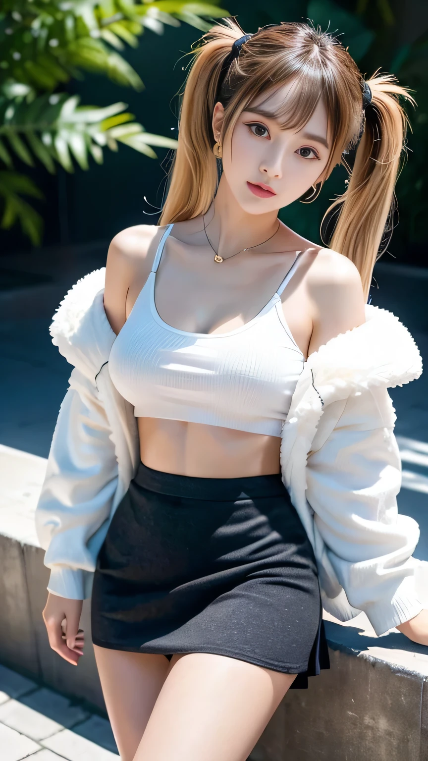 (RAW Photos,Realistic, Realistic: 1.4, masterpiece, Highest quality), 98k, 1 美しいDay本人女性, alone, 20-year-old, Cute Smile, Large breasts, Beautifully detailed round eyes, Droopy Eyes 1.4, Long platinum blonde hair, Wavy Hair, (Highly detailed face and skin texture), White skin,, White tank top, Micro Mini Skirt, street, Day, sunny Day, close, (Show Viewer:1.4)