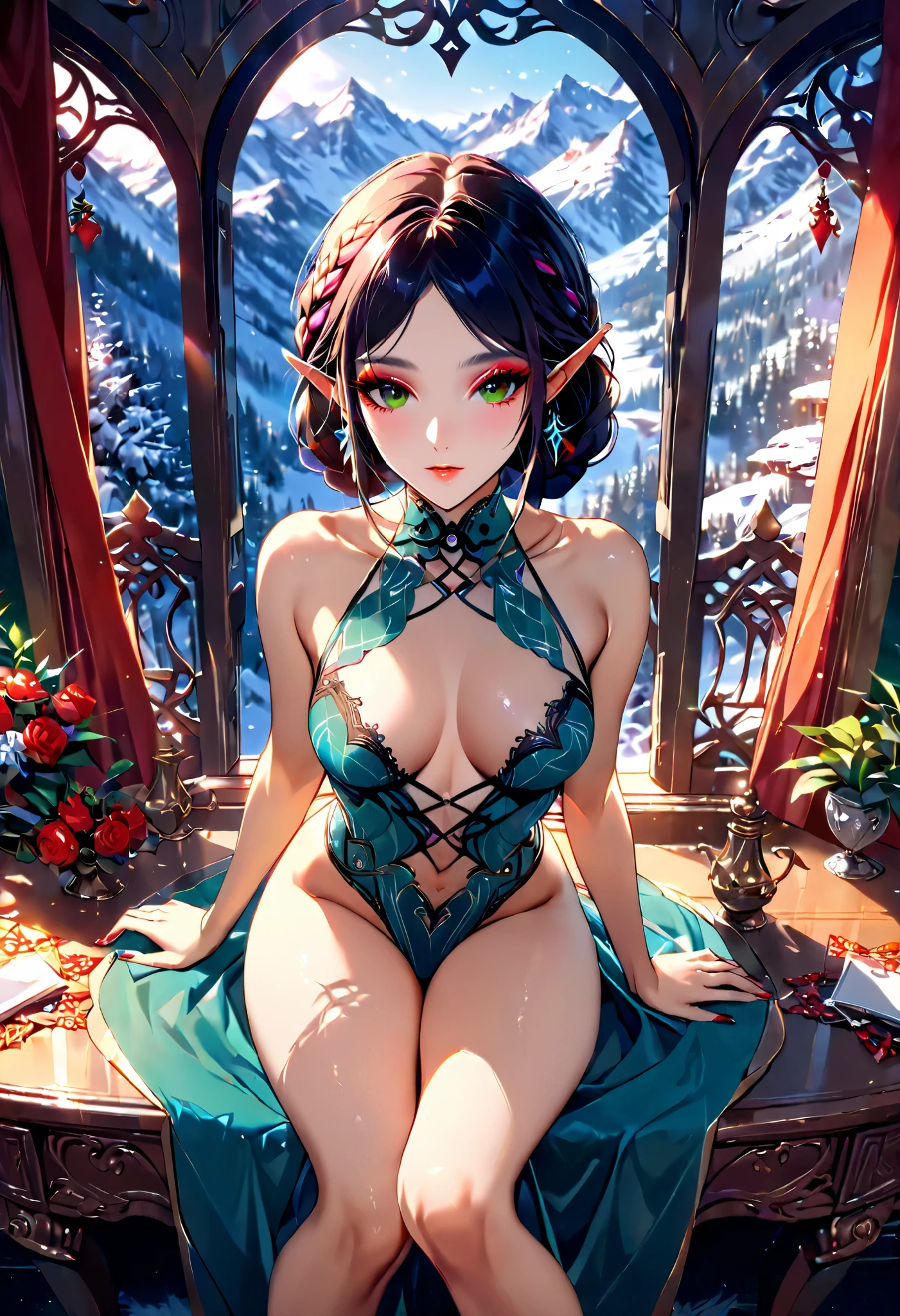  girl , (elf), beautiful outfit, patterns, decorations,  sexy figure , makeup,  Braided hair , Background Sits at a table ,  looking at the camera, temptation, The Wilderness, view from the window,  Beautiful Interior , 8 k,  masterpiece fails,  complex details ,  maximum quality,  better quality , 