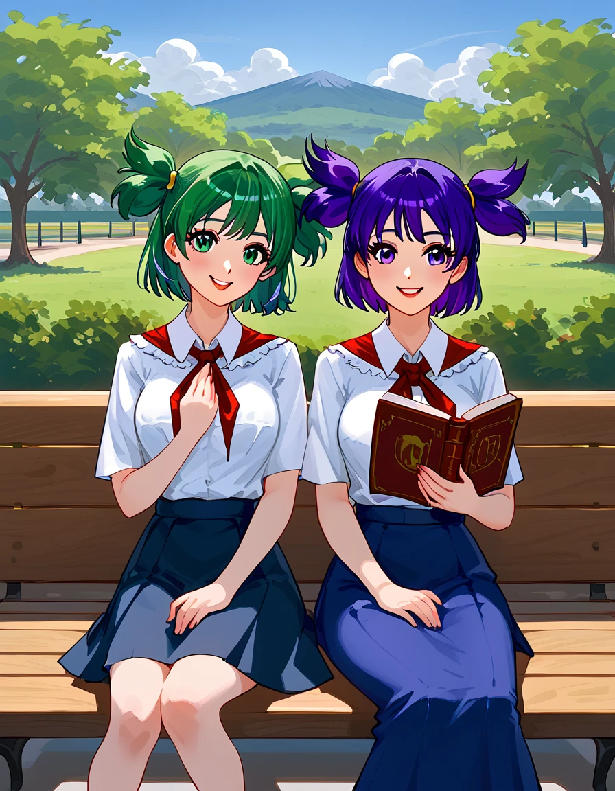 1 girl, 2 heads, purple hair, ponytails, bob, green hair, Lena, white blouse, blue skirt, red pioneer tie, conjoined, dicephalus, sitting on a bench, holding a book