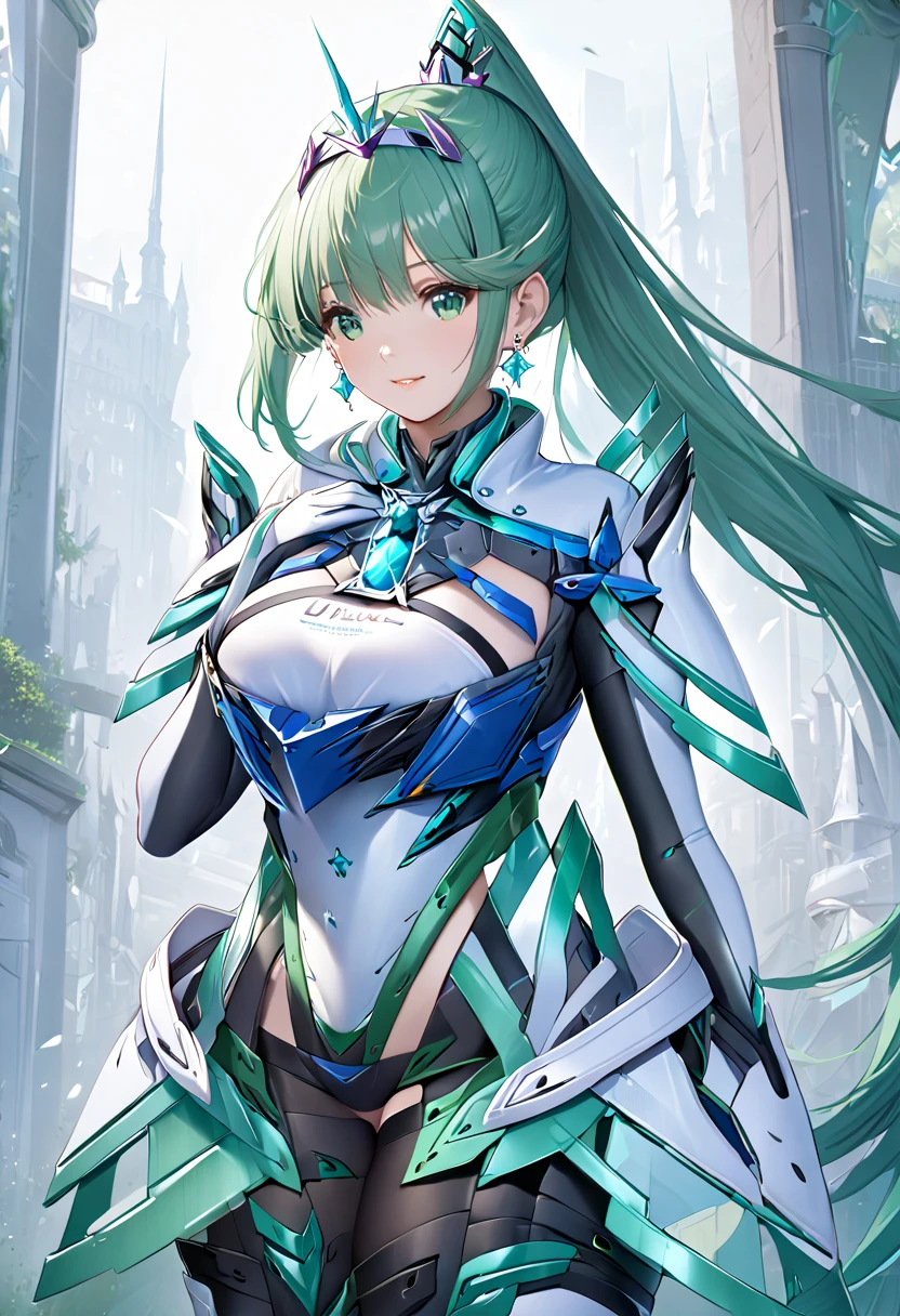  top quality 、 super detailed 、 high res illustration、Ultra-high-definition CG、８k size wallpaper、 production art、Puneuma、 green eyes、 green hair、 tiara 、 ponytail、 earrings for women with first name、 big breasts、armor、 Chest Jewel 、white gloves、Elbow gloves、