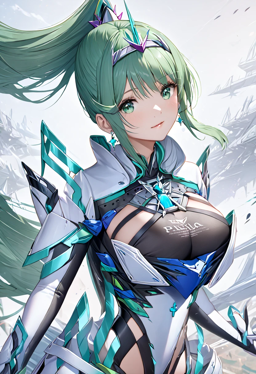  top quality 、 super detailed 、 high res illustration、Ultra-high-definition CG、８k size wallpaper、 production art、Puneuma、 green eyes、 green hair、 tiara 、 ponytail、 earrings for women with first name、 big breasts、armor、 Chest Jewel 、white gloves、Elbow gloves、