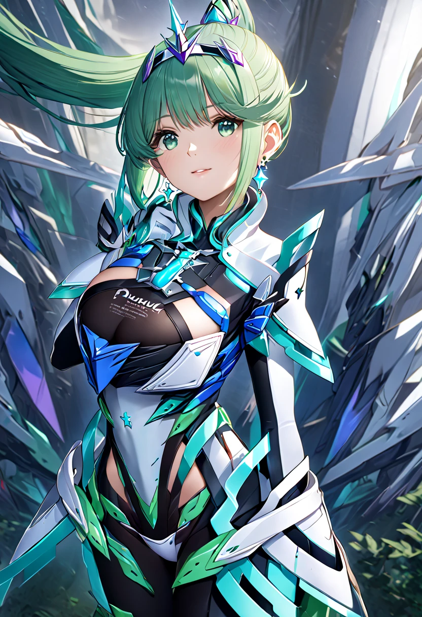  top quality 、 super detailed 、 high res illustration、Ultra-high-definition CG、８k size wallpaper、 production art、Puneuma、 green eyes、 green hair、 tiara 、 ponytail、 earrings for women with first name、 big breasts、armor、 Chest Jewel 、white gloves、Elbow gloves、